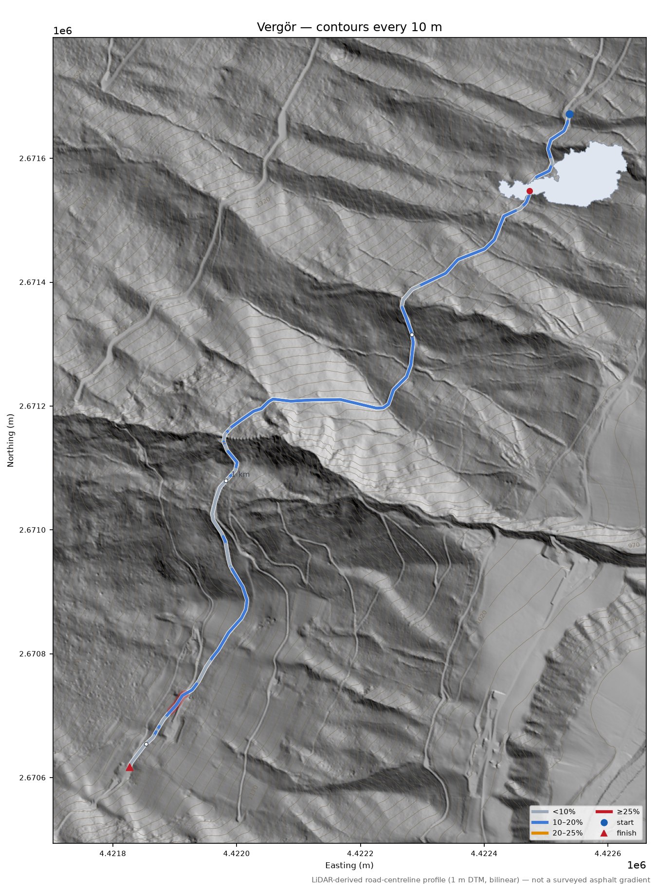 Vergör LiDAR hillshade map with contours
