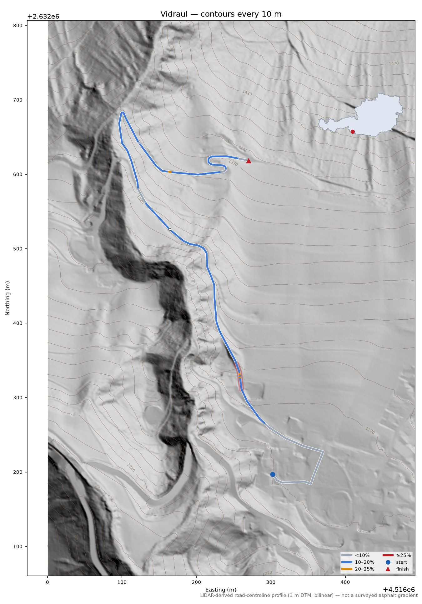 Vidraul LiDAR hillshade map with contours
