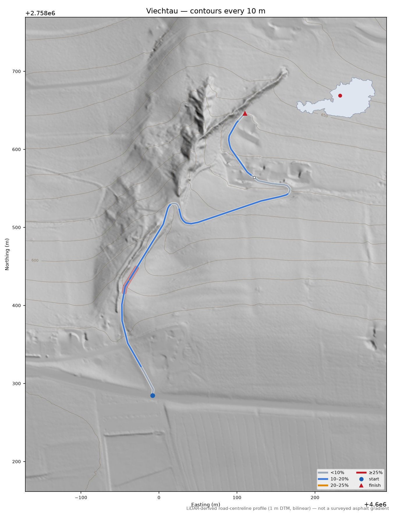 Viechtau LiDAR hillshade map with contours