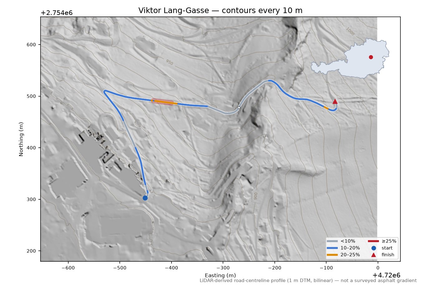 Viktor Lang-Gasse LiDAR hillshade map with contours