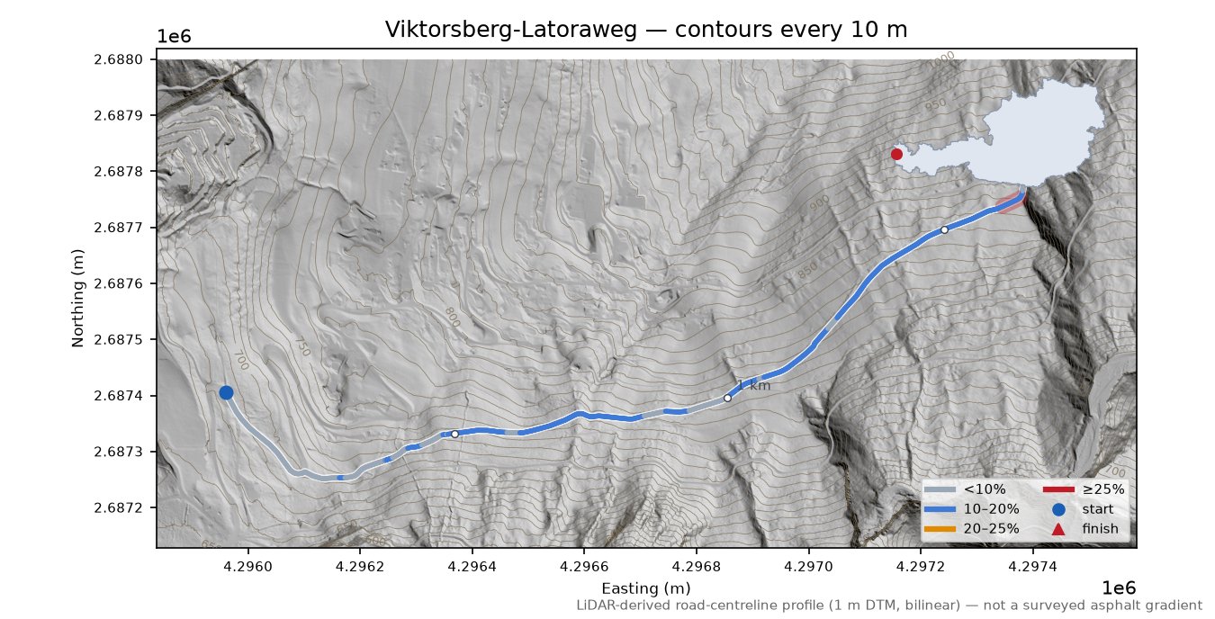 Viktorsberg-Latoraweg LiDAR hillshade map with contours