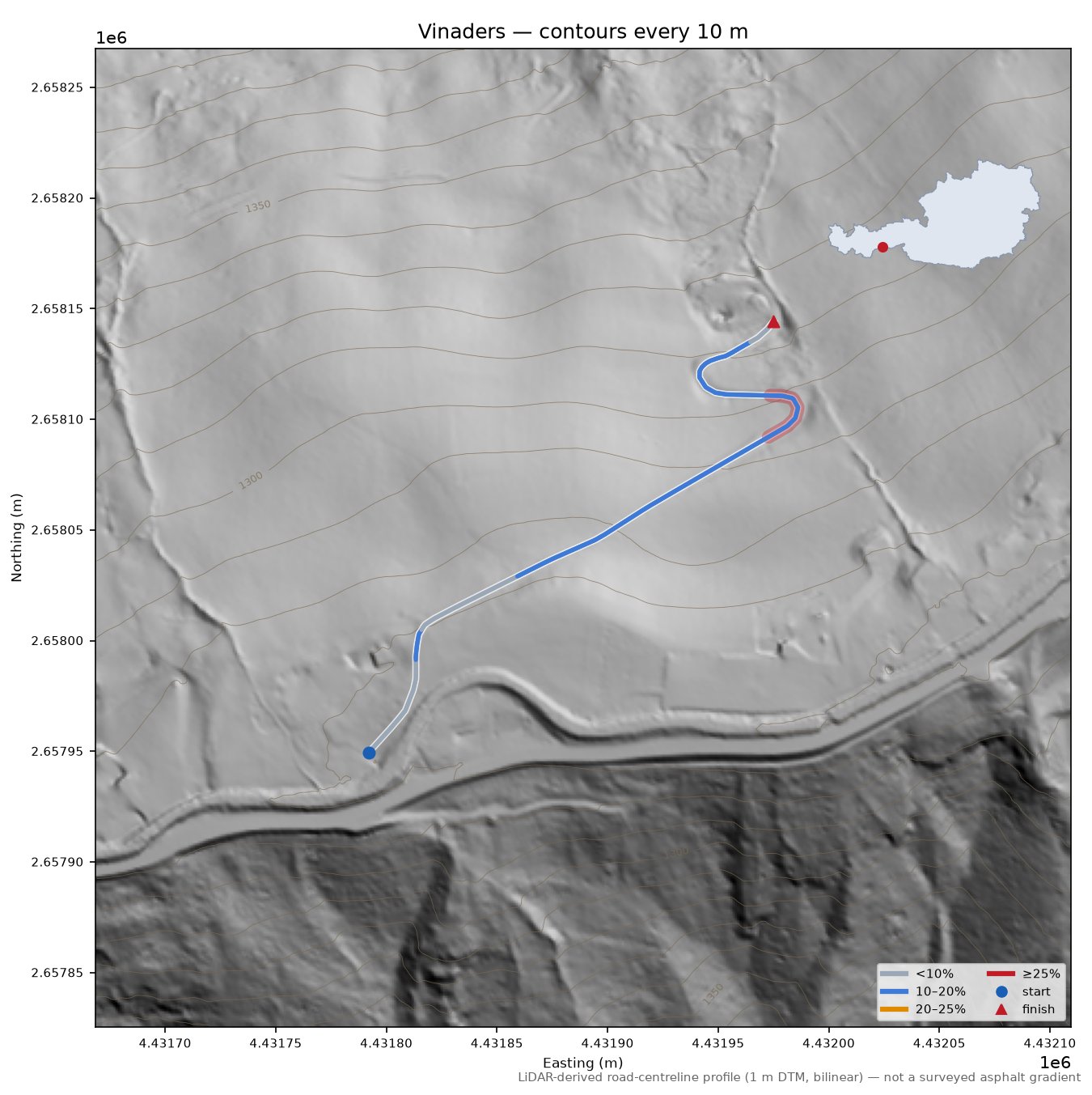 Vinaders LiDAR hillshade map with contours