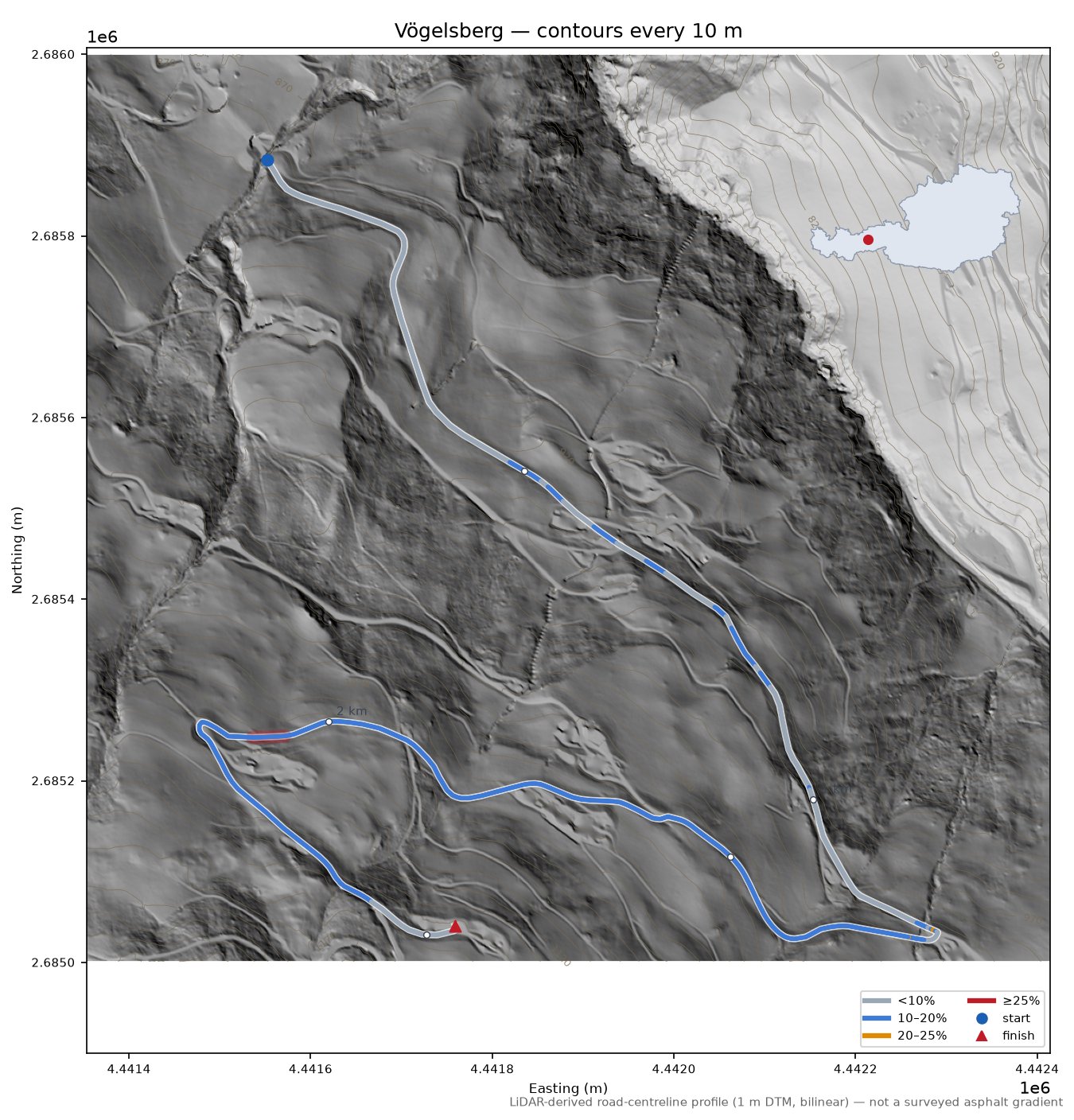 Vögelsberg LiDAR hillshade map with contours