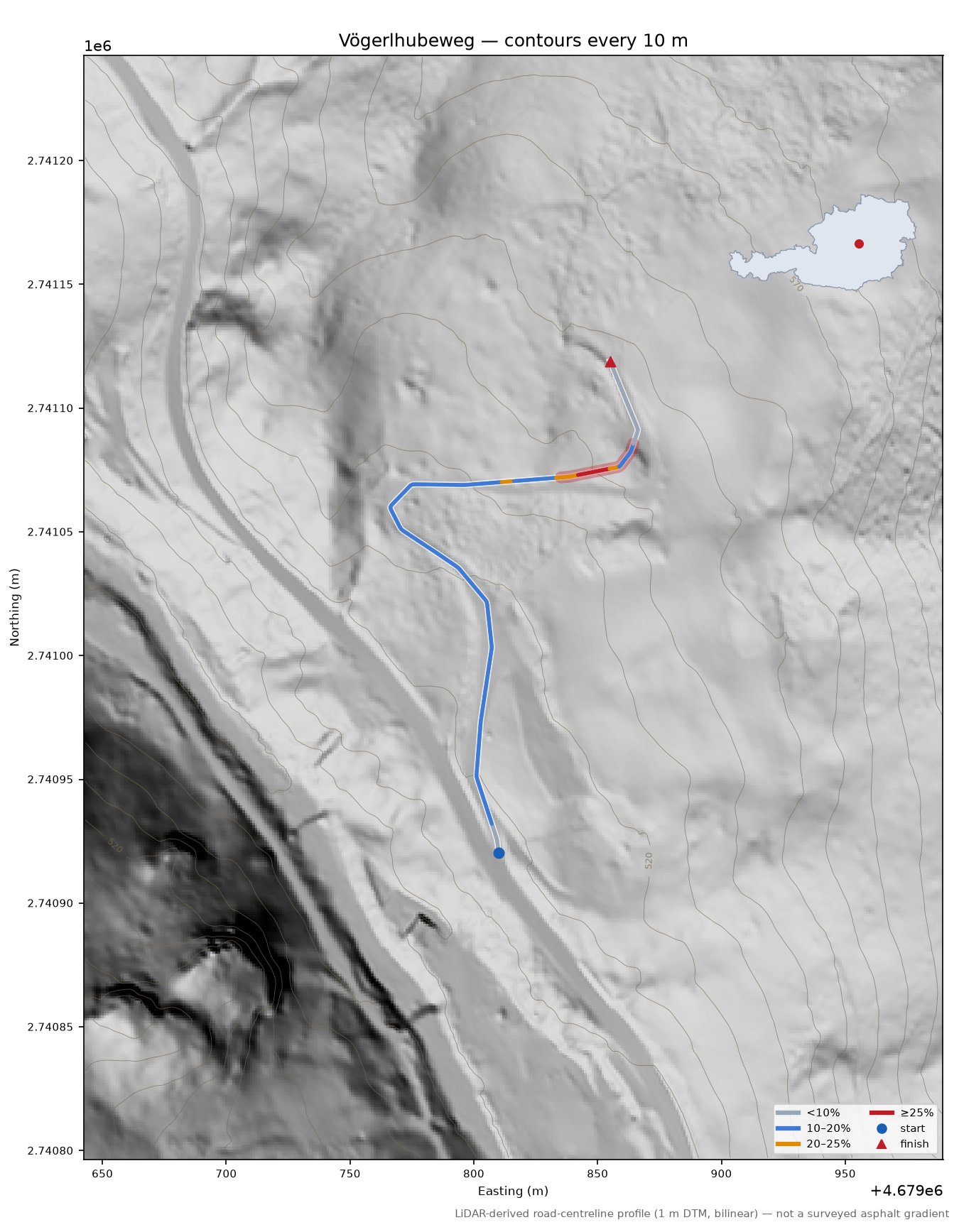 Vögerlhubeweg LiDAR hillshade map with contours