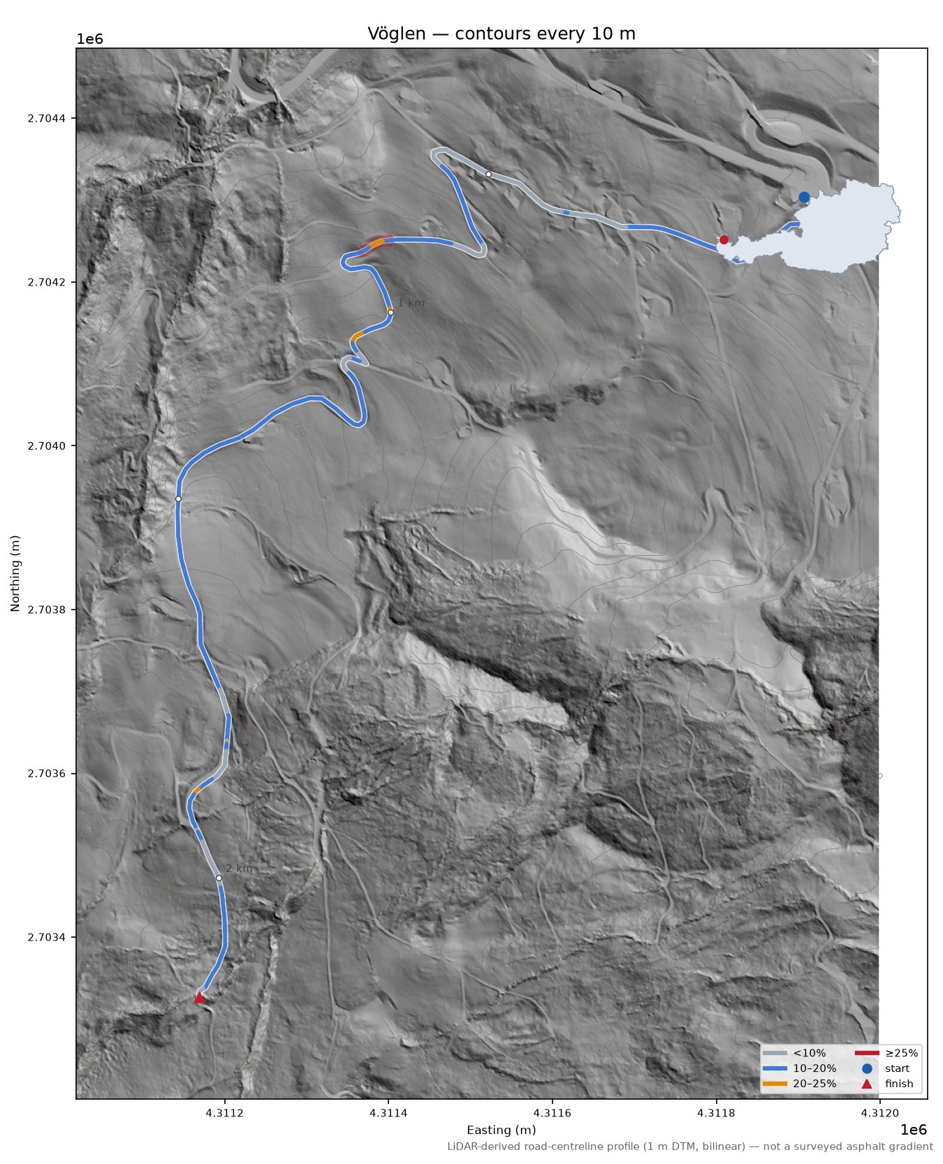 Vöglen LiDAR hillshade map with contours