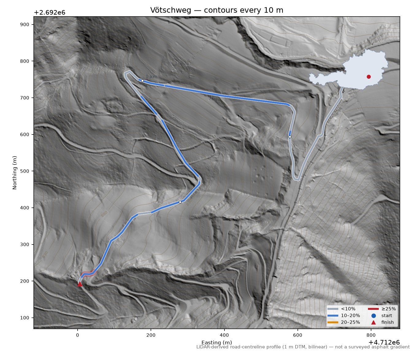 Vötschweg LiDAR hillshade map with contours