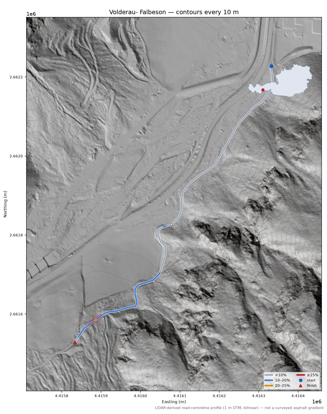 Volderau- Falbeson LiDAR hillshade map with contours