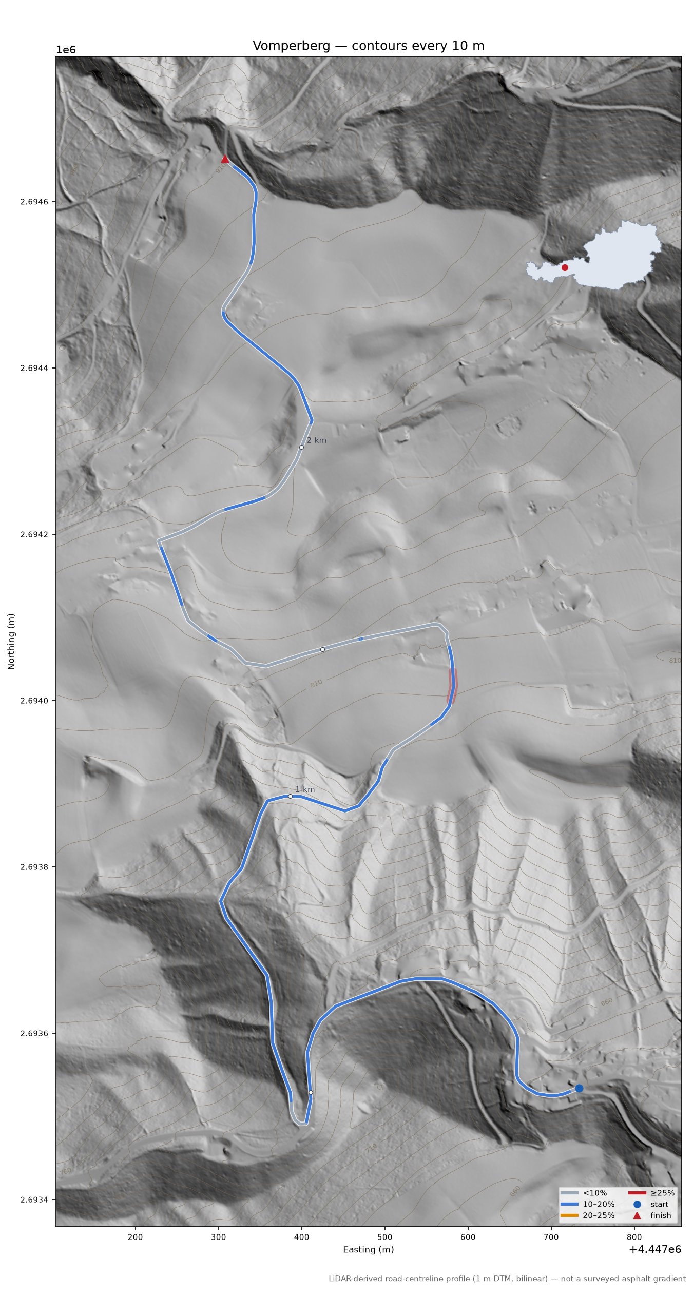Vomperberg LiDAR hillshade map with contours