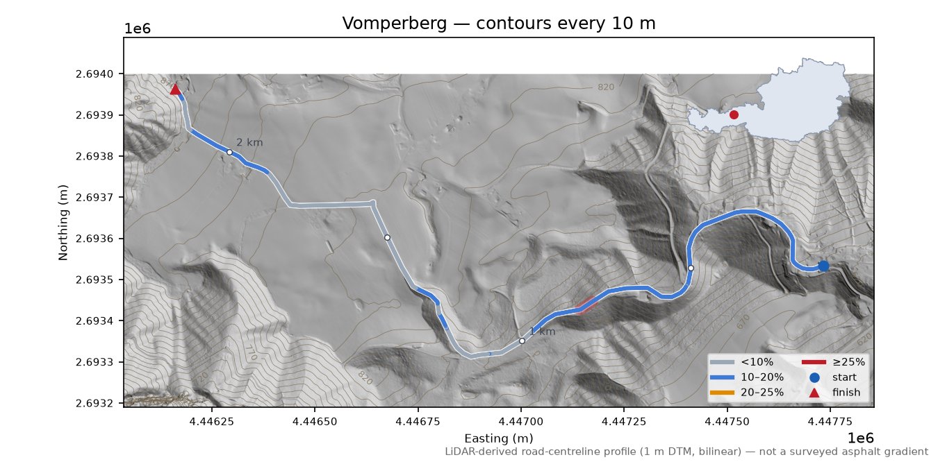 Vomperberg LiDAR hillshade map with contours
