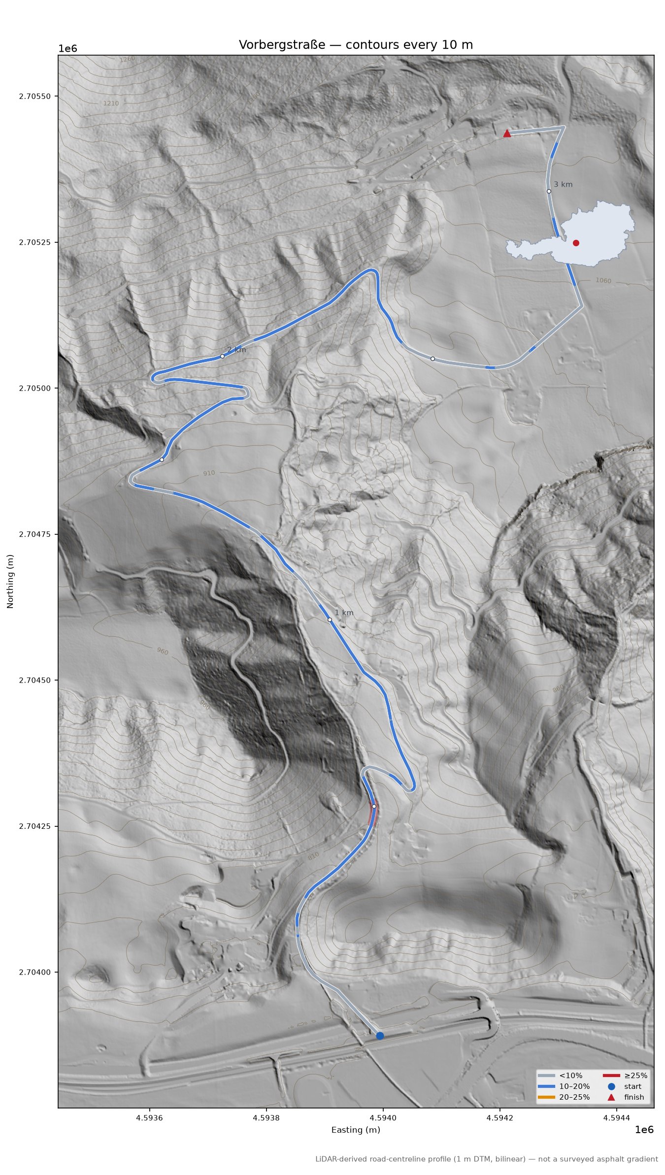 Vorbergstraße LiDAR hillshade map with contours