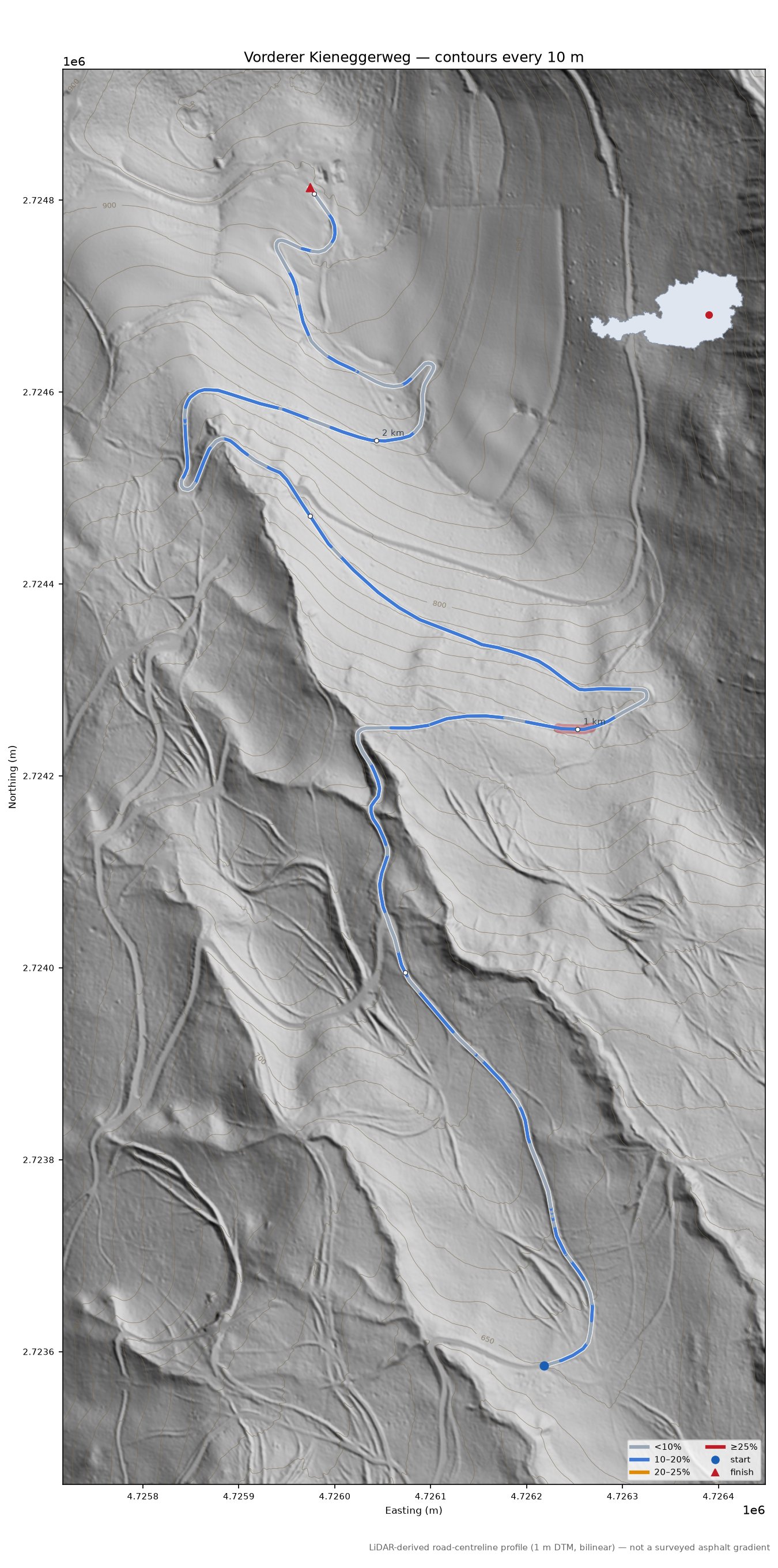 Vorderer Kieneggerweg LiDAR hillshade map with contours