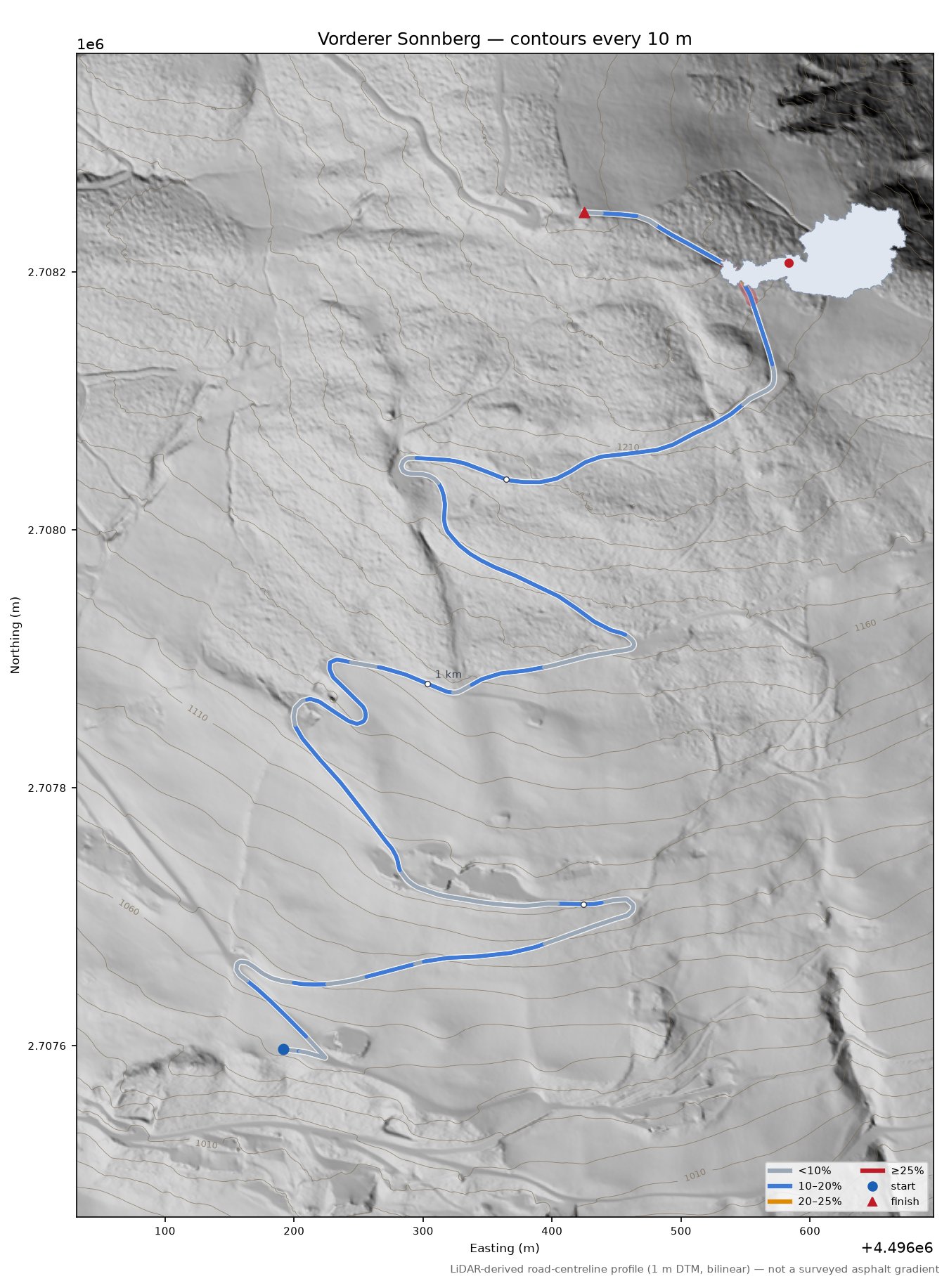 Vorderer Sonnberg LiDAR hillshade map with contours