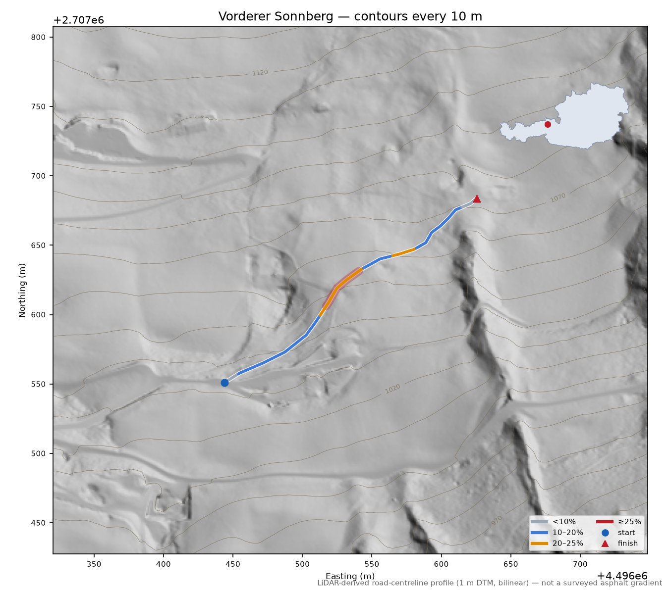 Vorderer Sonnberg LiDAR hillshade map with contours