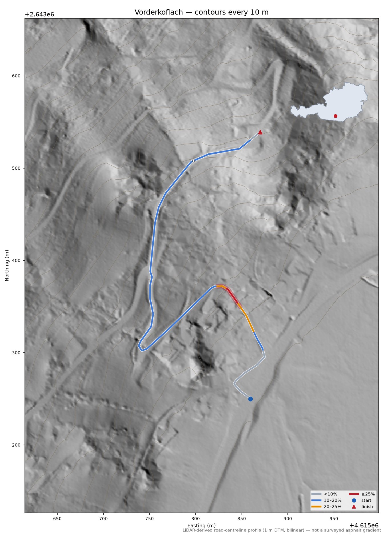 Vorderkoflach LiDAR hillshade map with contours