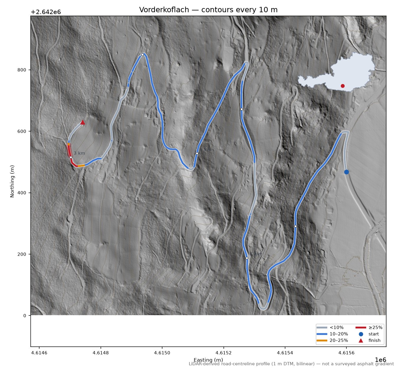 Vorderkoflach LiDAR hillshade map with contours
