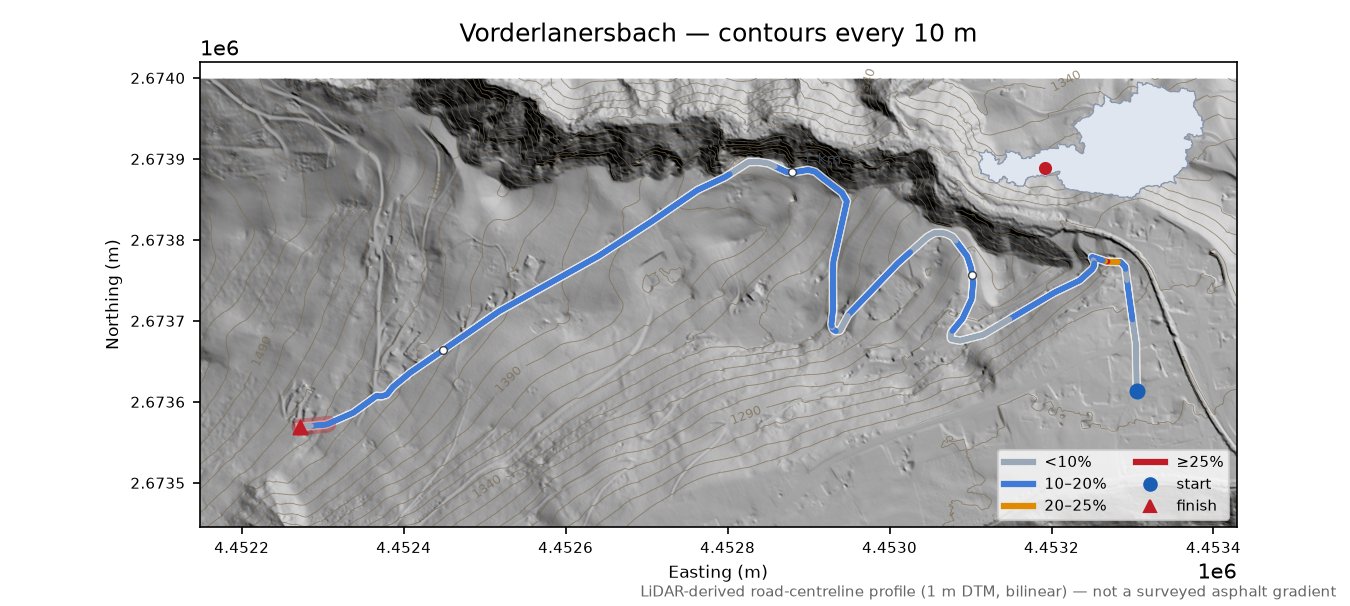 Vorderlanersbach LiDAR hillshade map with contours