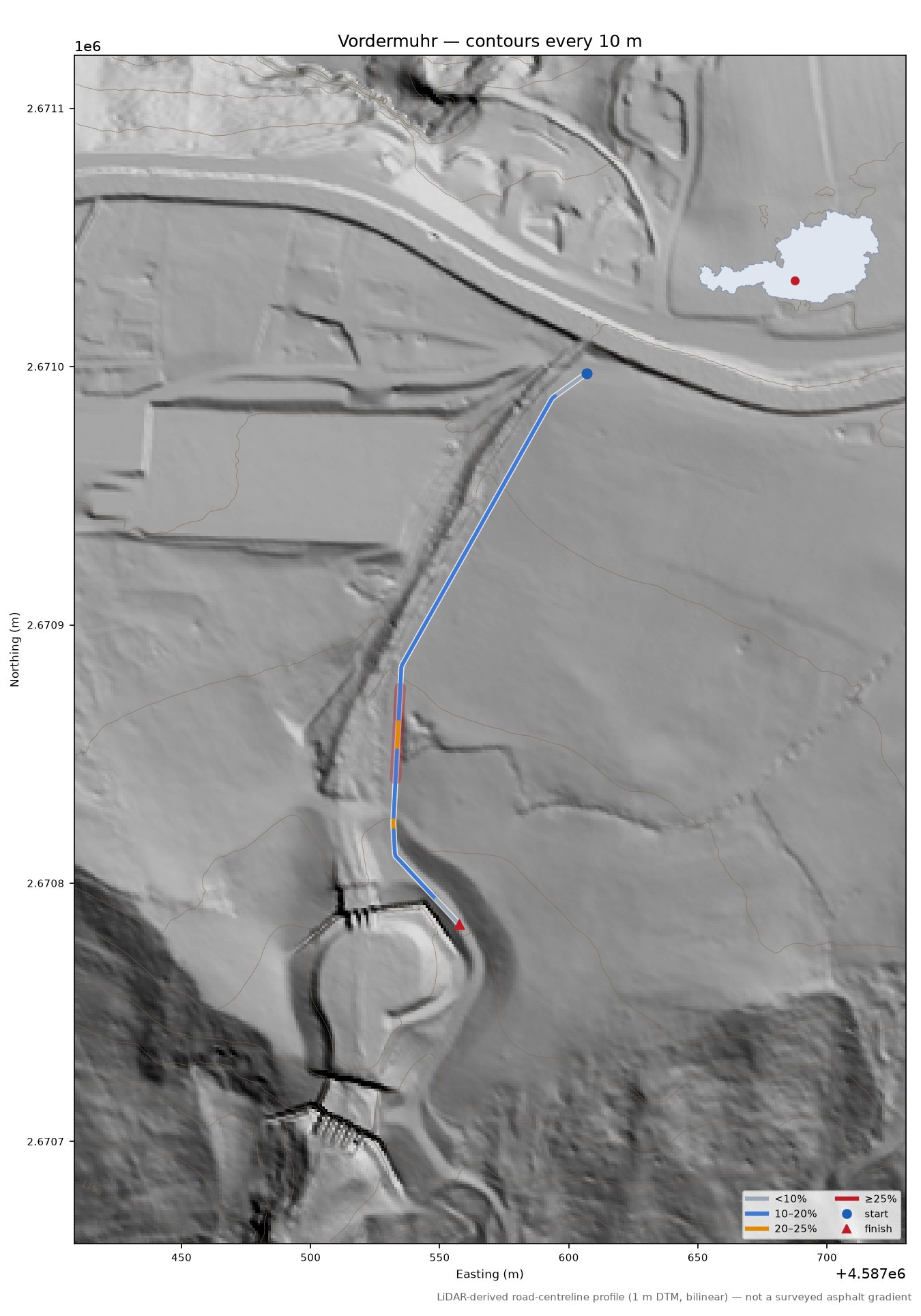 Vordermuhr LiDAR hillshade map with contours