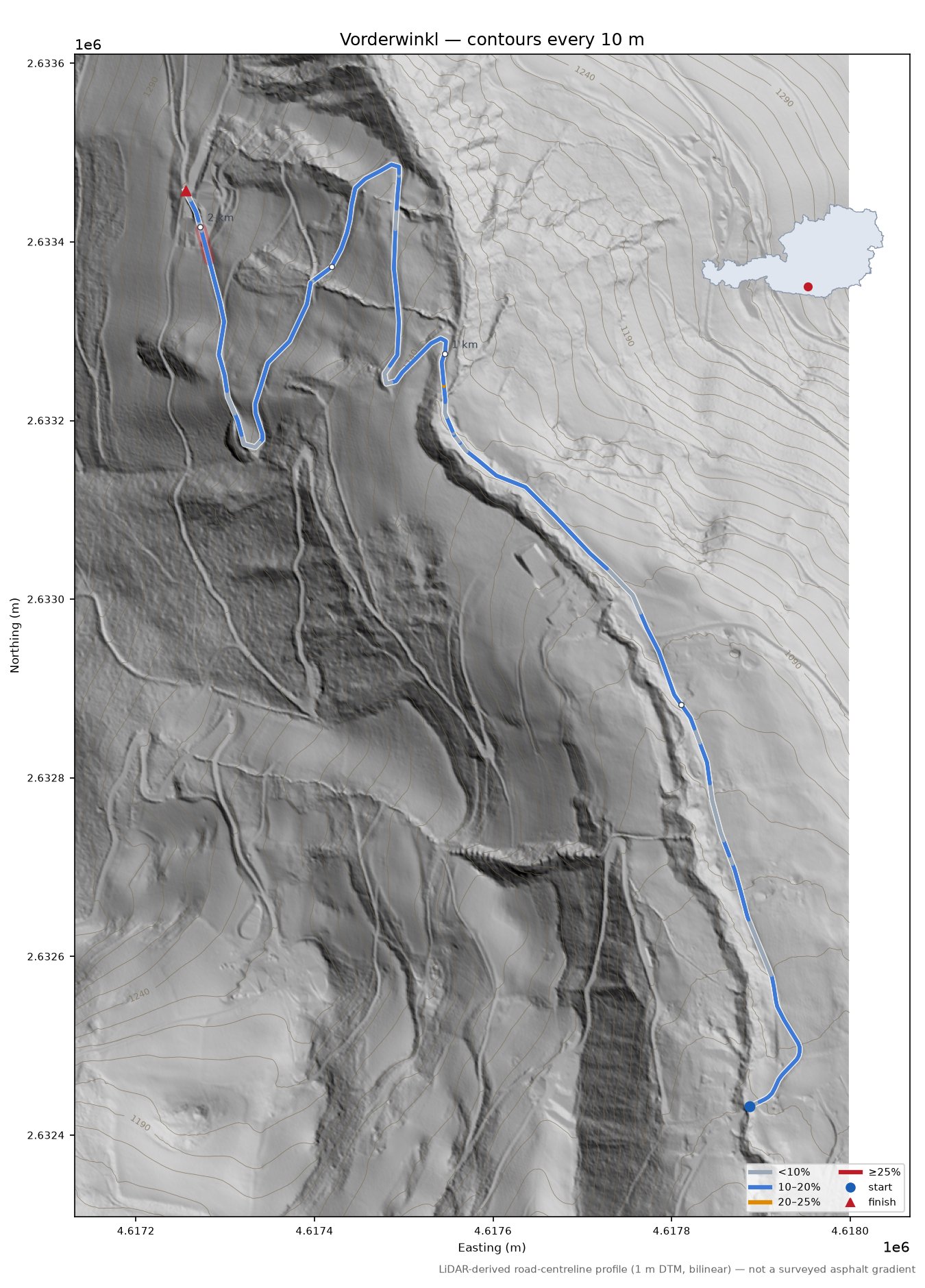 Vorderwinkl LiDAR hillshade map with contours