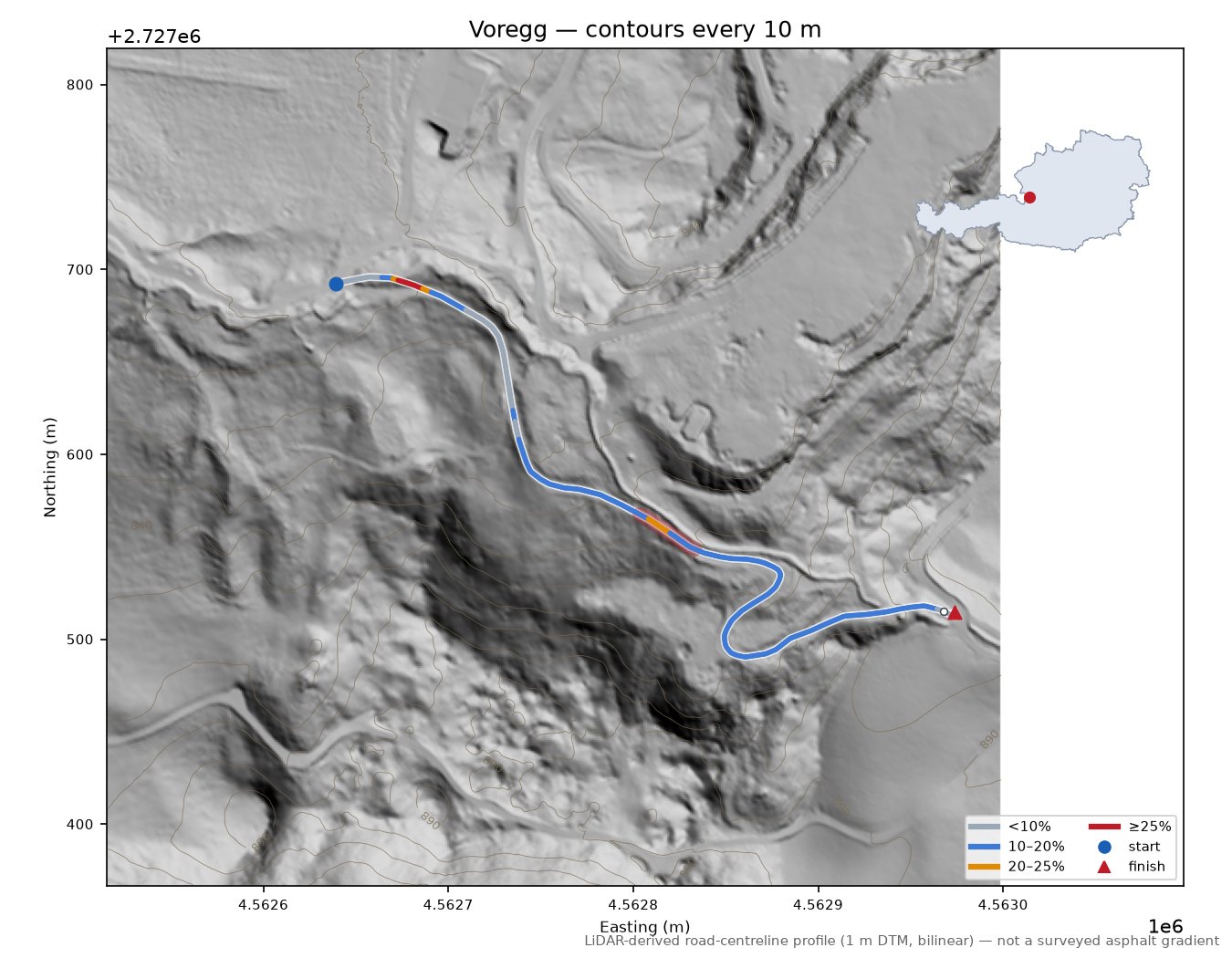 Voregg LiDAR hillshade map with contours