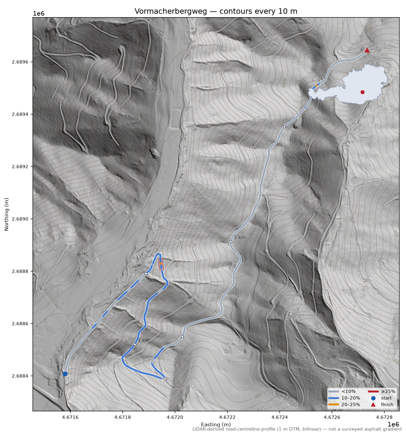 Vormacherbergweg LiDAR hillshade map with contours
