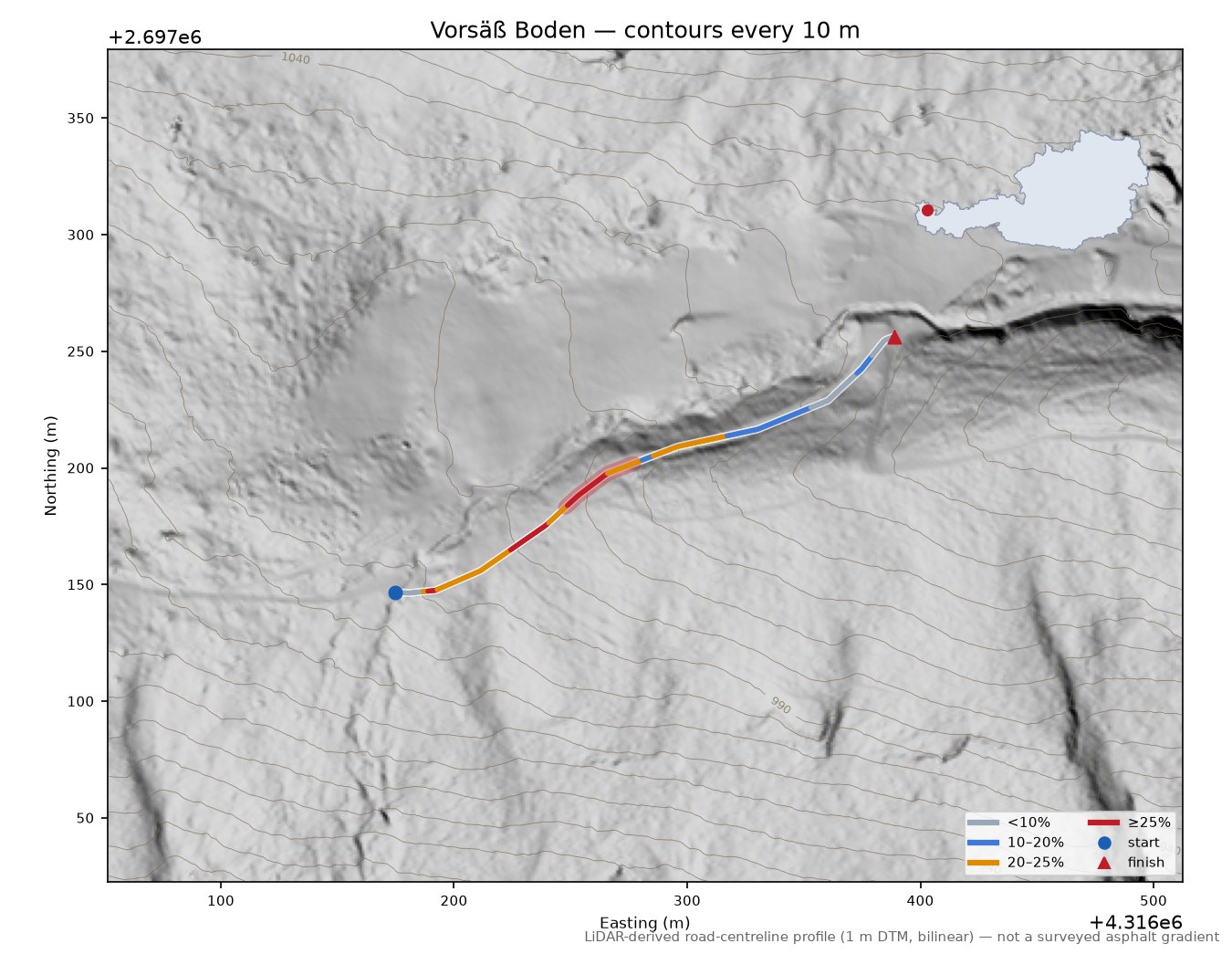 Vorsäß Boden LiDAR hillshade map with contours