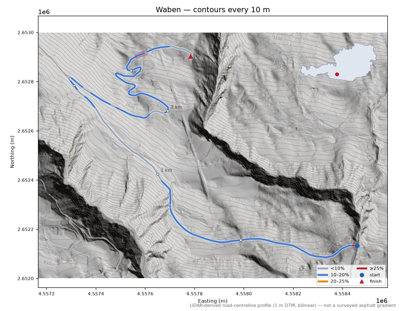 Waben LiDAR hillshade map with contours