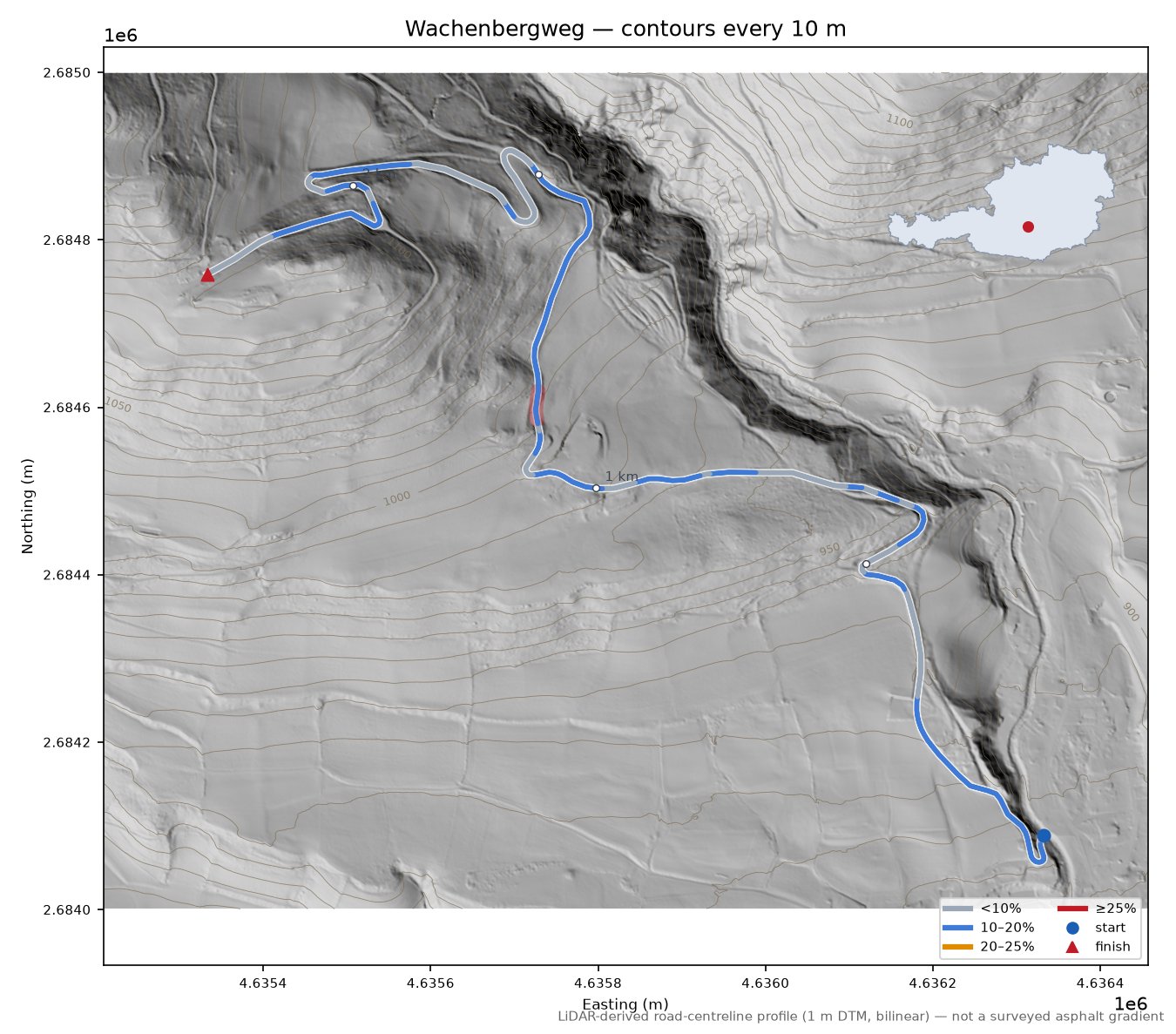 Wachenbergweg LiDAR hillshade map with contours