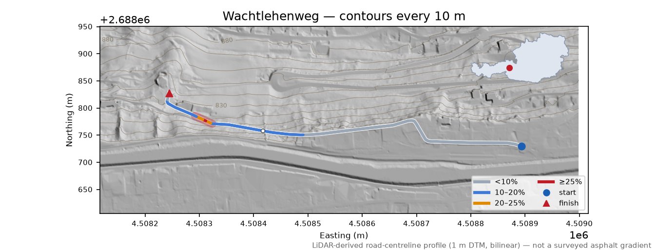 Wachtlehenweg LiDAR hillshade map with contours
