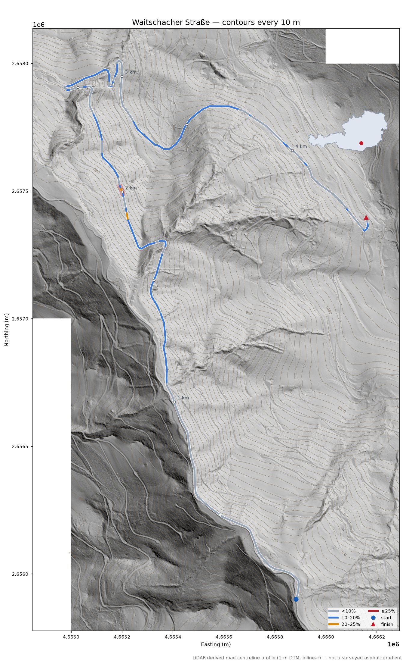 Waitschacher Straße LiDAR hillshade map with contours