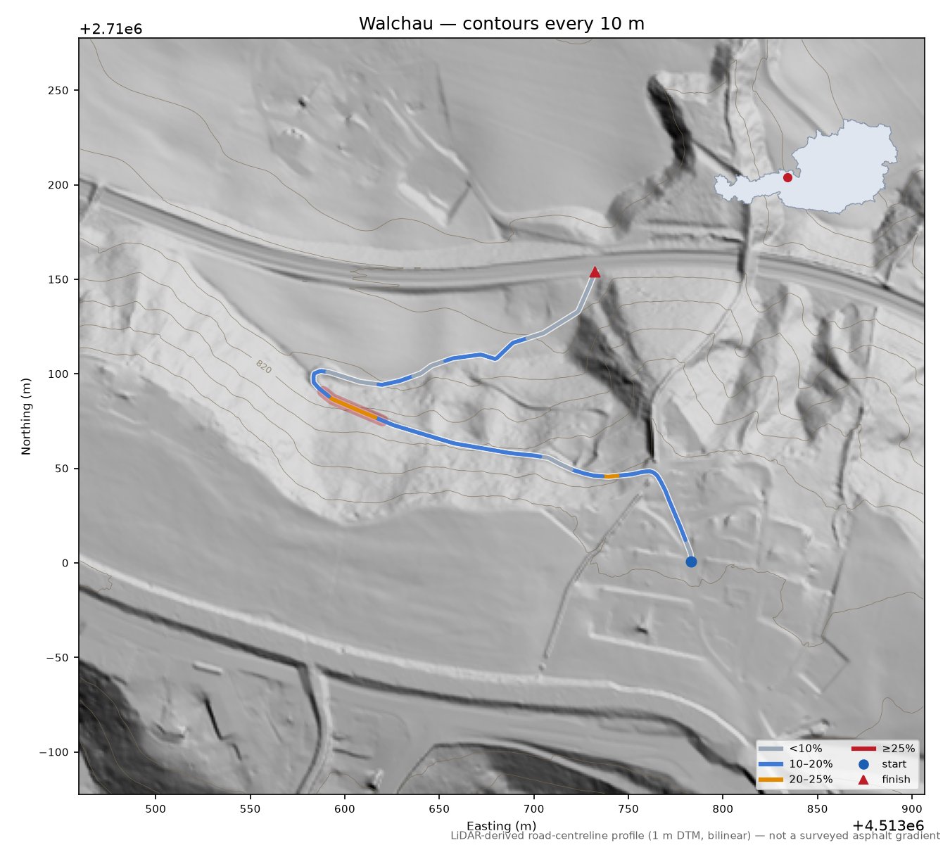 Walchau LiDAR hillshade map with contours