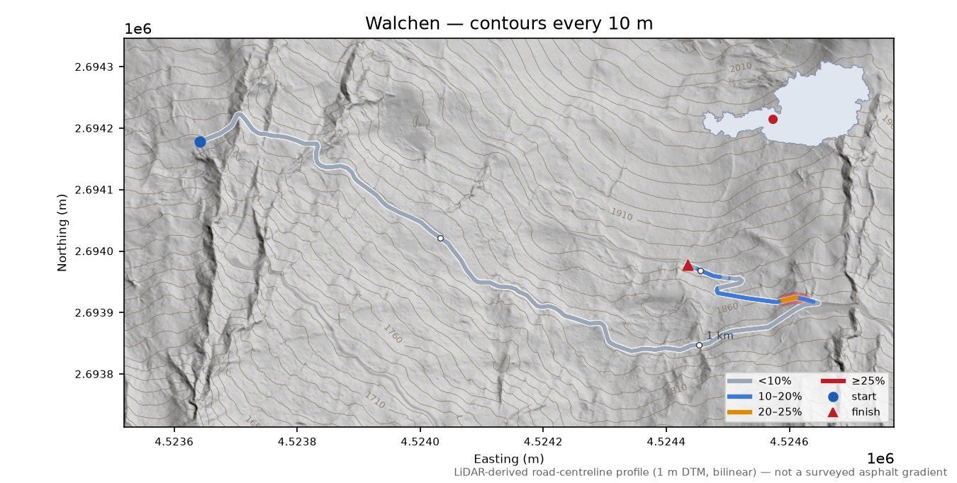 Walchen LiDAR hillshade map with contours