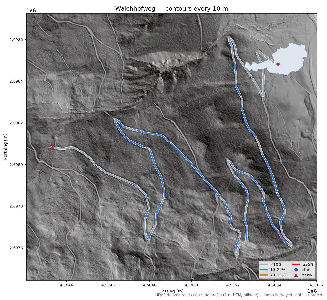 Walchhofweg LiDAR hillshade map with contours