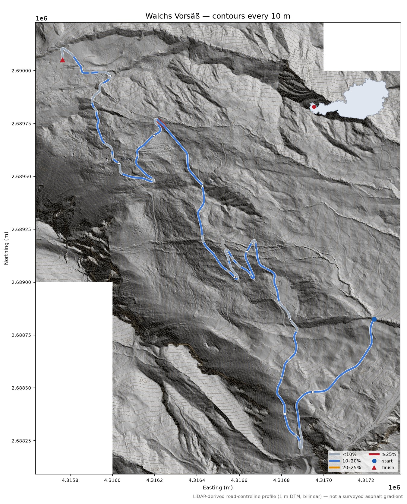 Walchs Vorsäß LiDAR hillshade map with contours