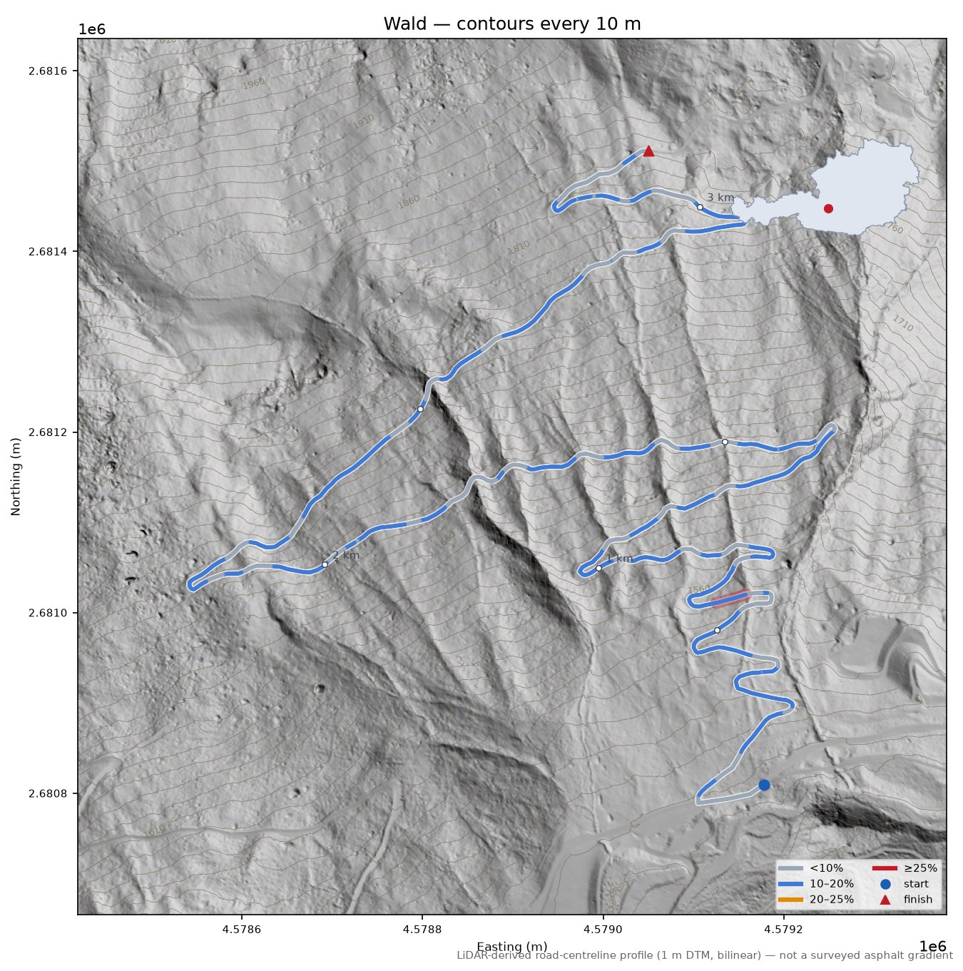 Wald LiDAR hillshade map with contours