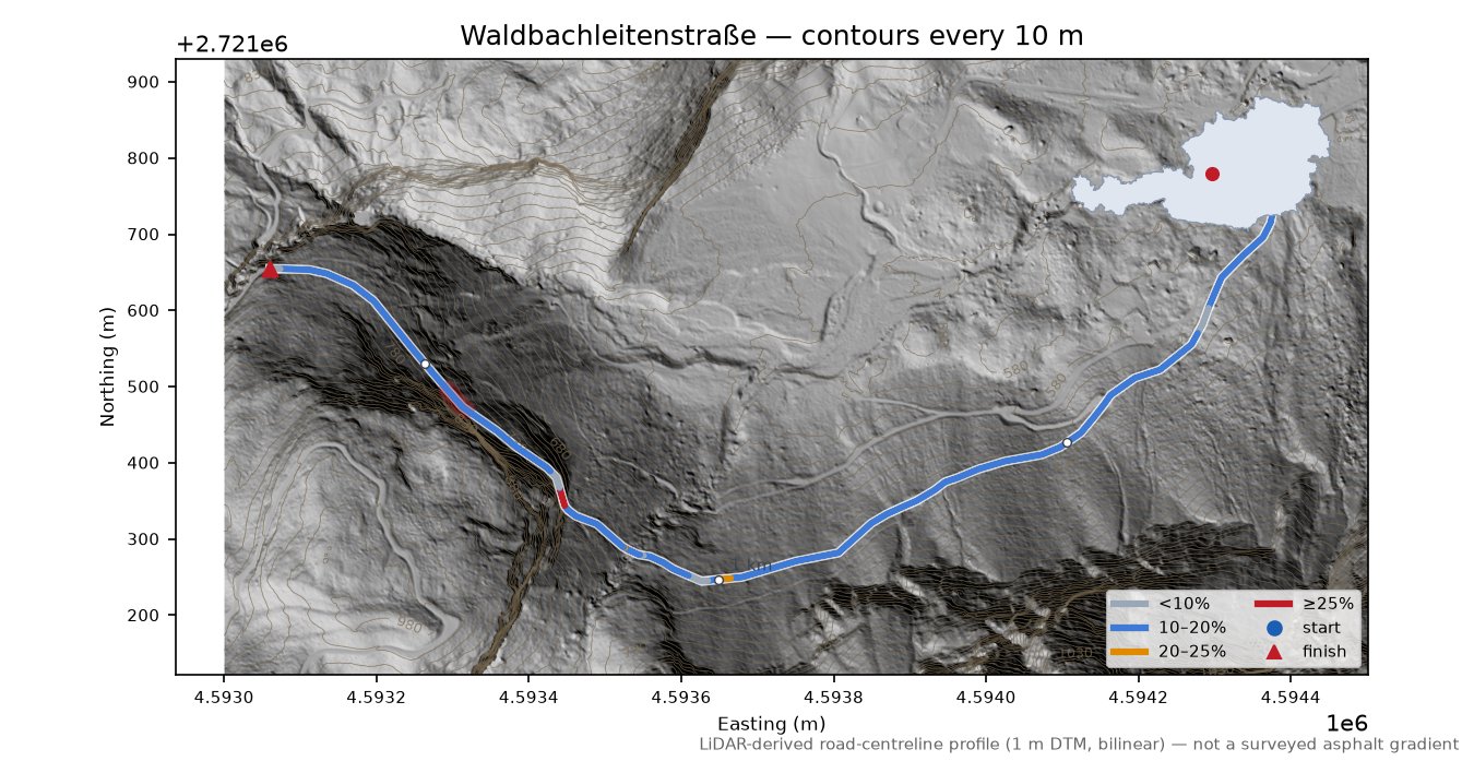 Waldbachleitenstraße LiDAR hillshade map with contours