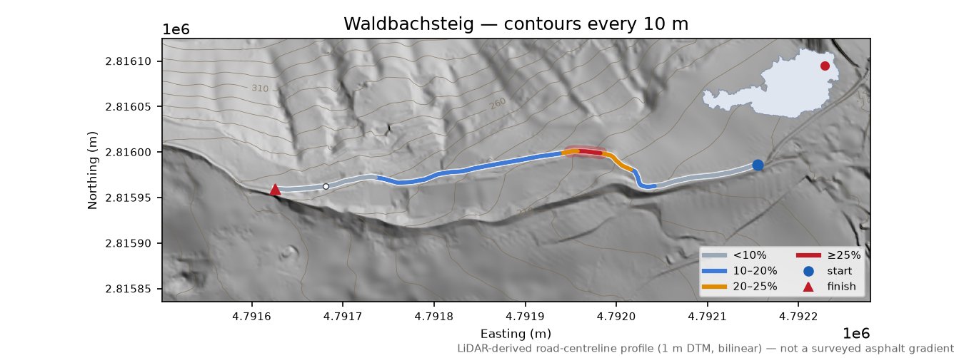 Waldbachsteig LiDAR hillshade map with contours