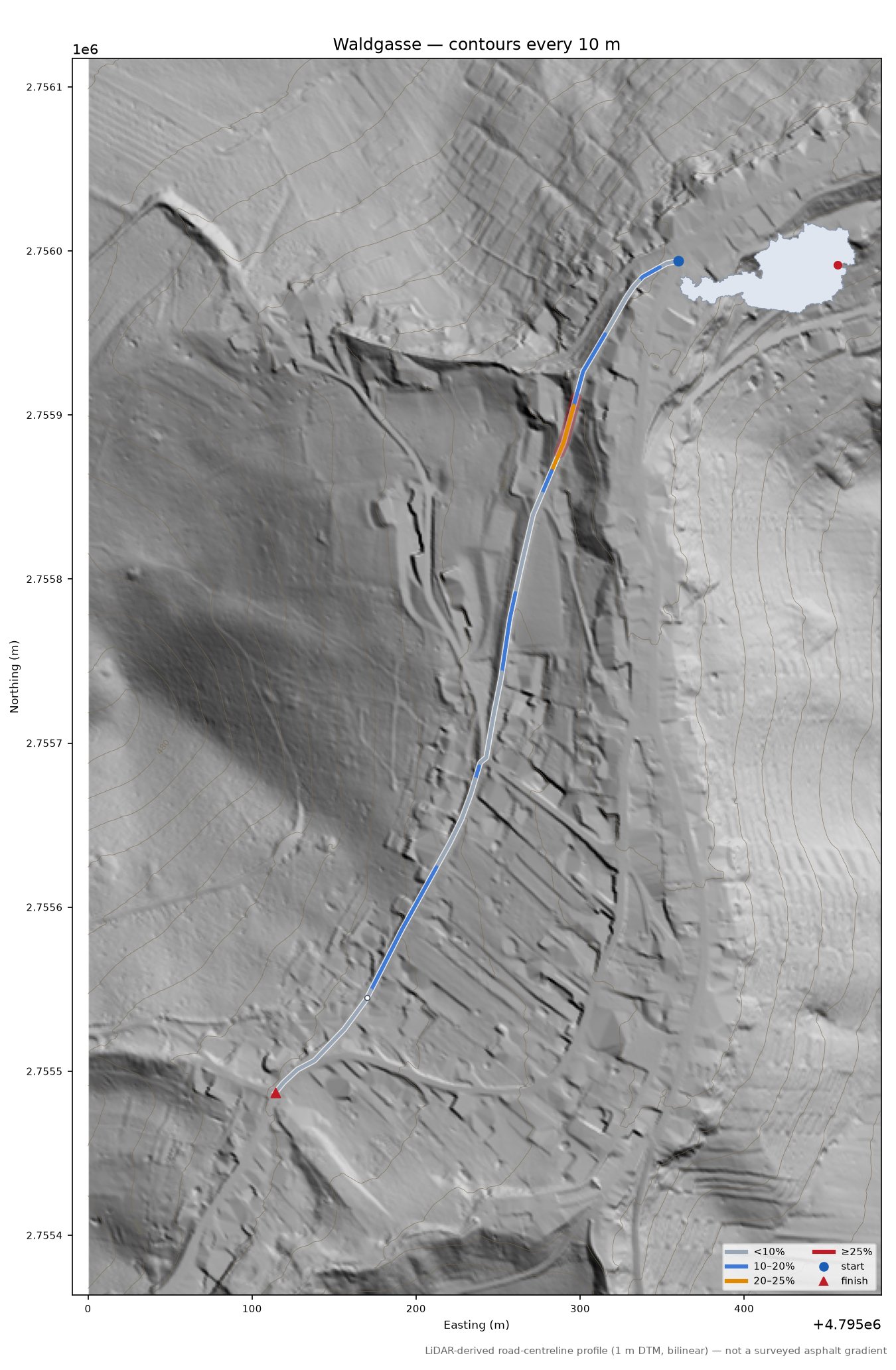 Waldgasse LiDAR hillshade map with contours