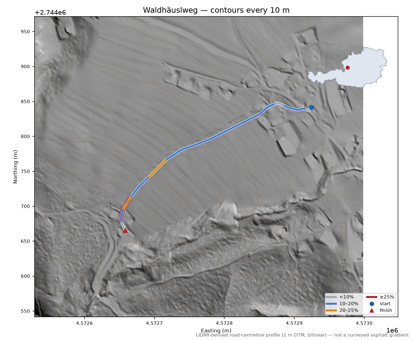 Waldhäuslweg LiDAR hillshade map with contours