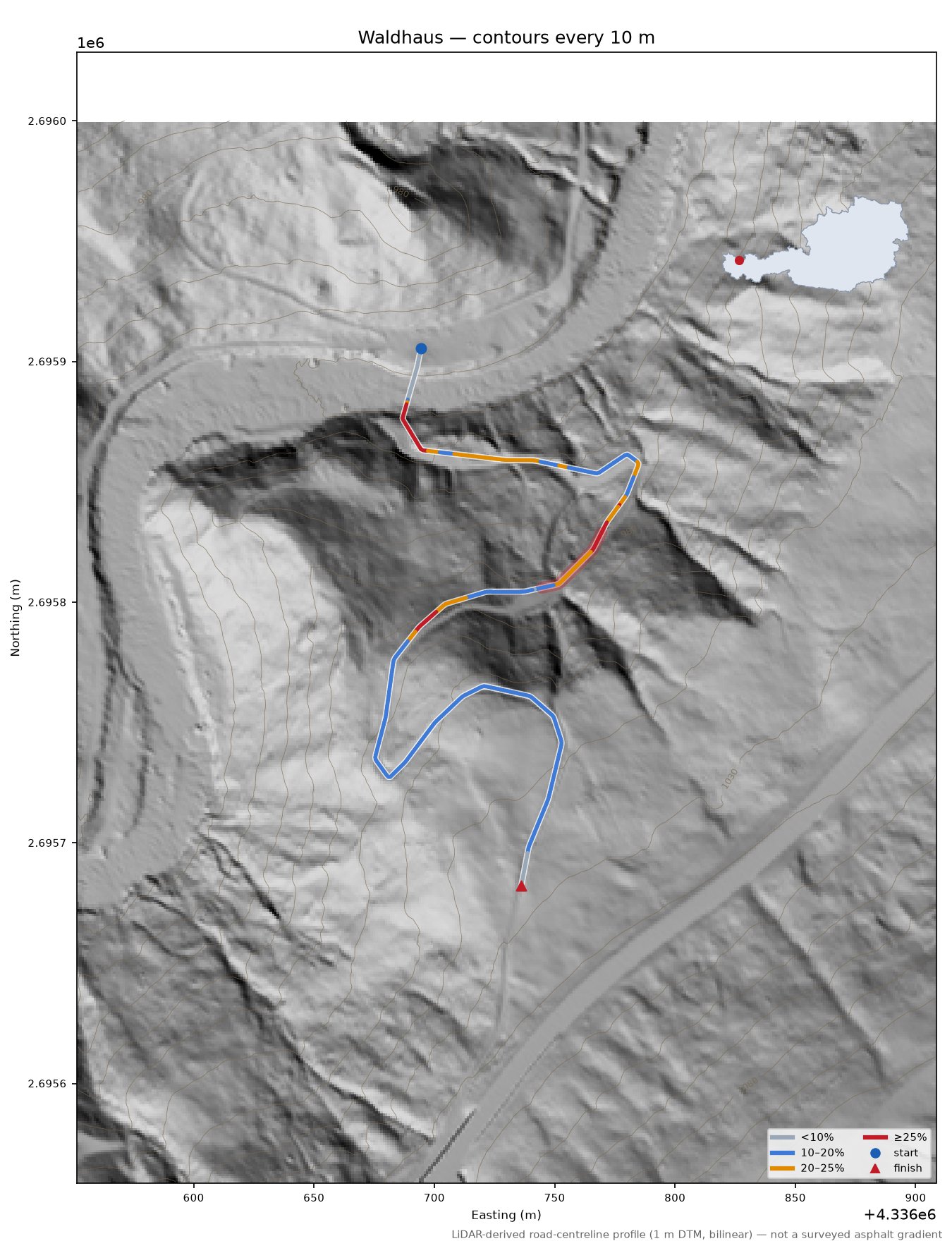 Waldhaus LiDAR hillshade map with contours
