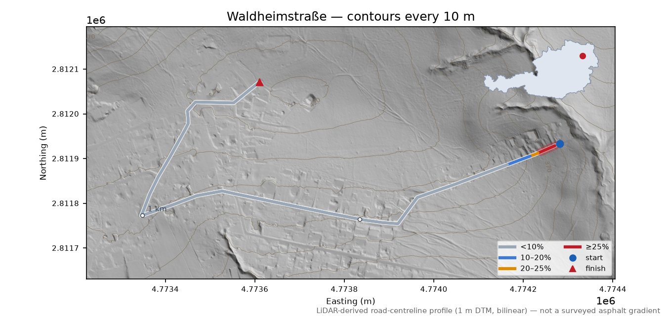 Waldheimstraße LiDAR hillshade map with contours