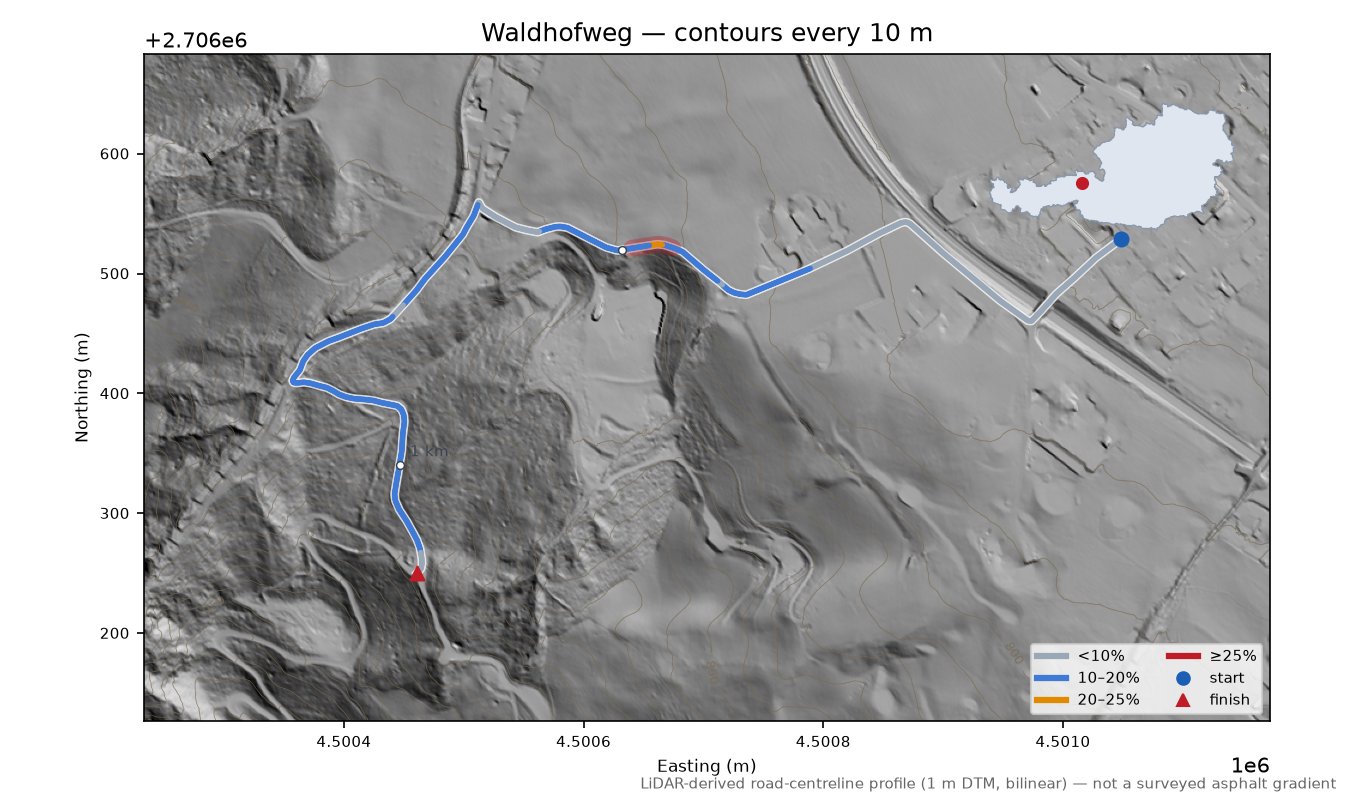 Waldhofweg LiDAR hillshade map with contours