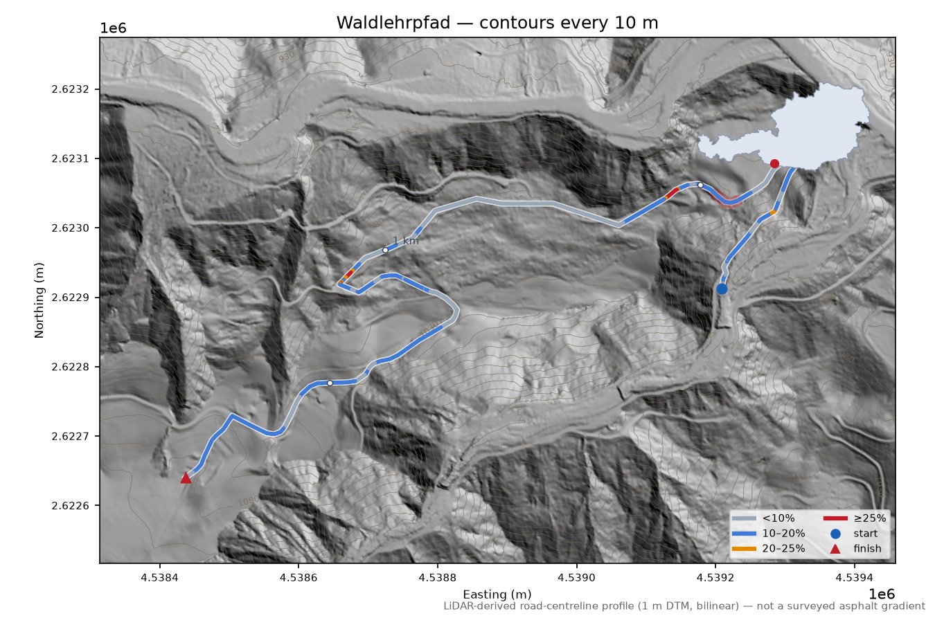 Waldlehrpfad LiDAR hillshade map with contours