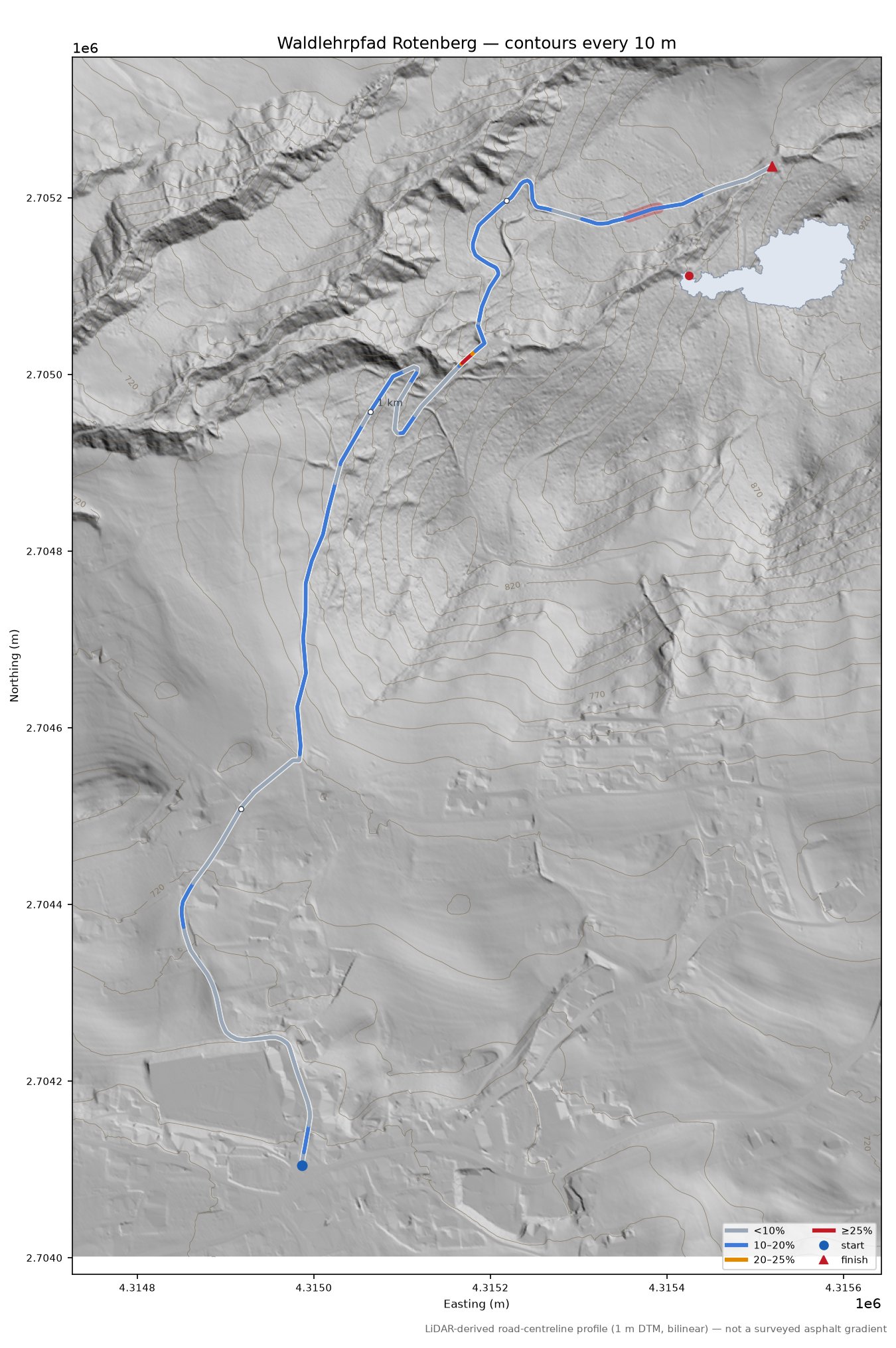Waldlehrpfad Rotenberg LiDAR hillshade map with contours