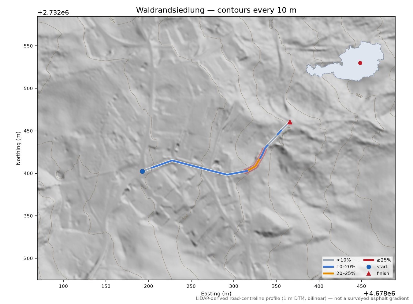 Waldrandsiedlung LiDAR hillshade map with contours