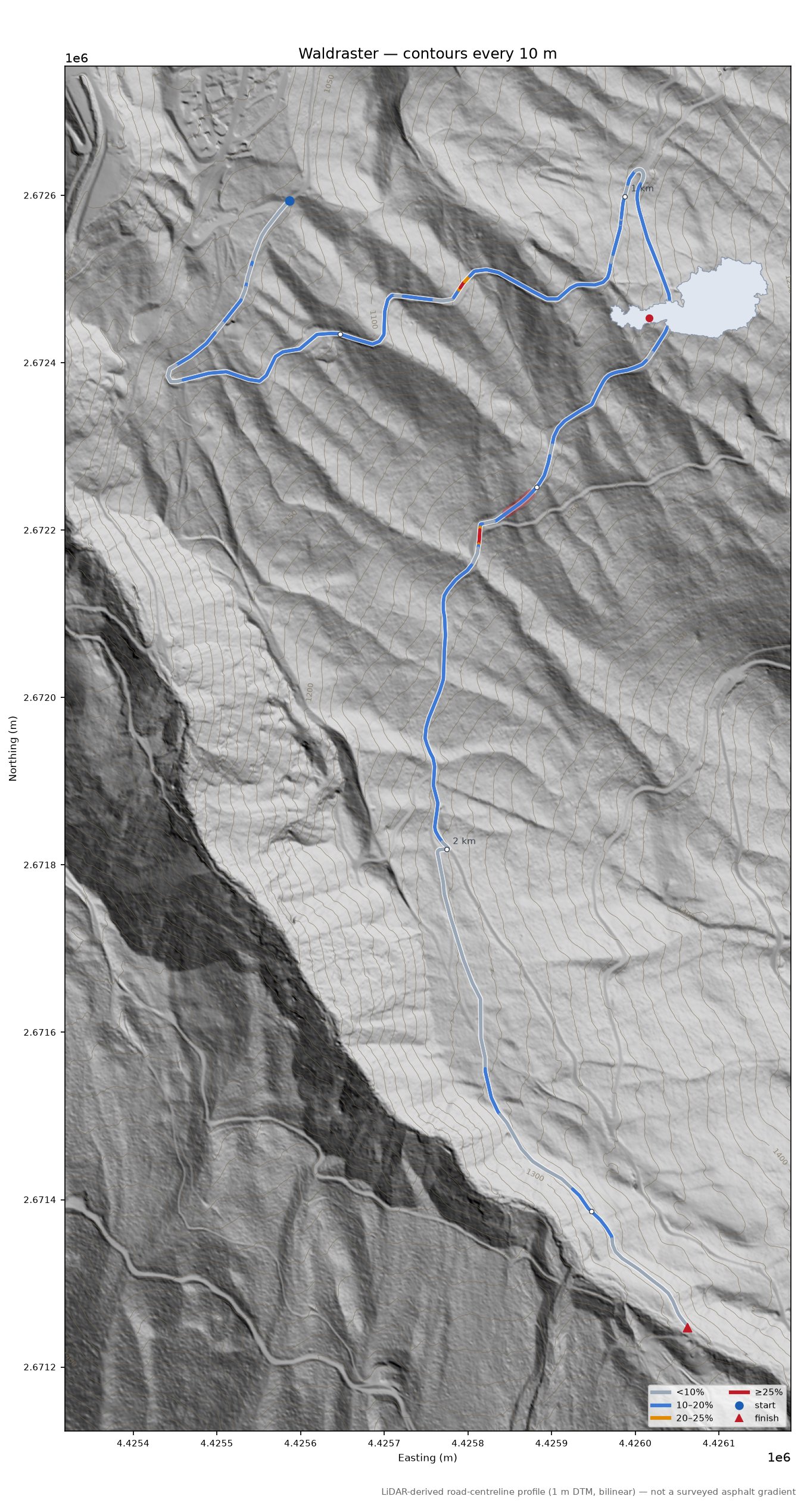 Waldraster LiDAR hillshade map with contours