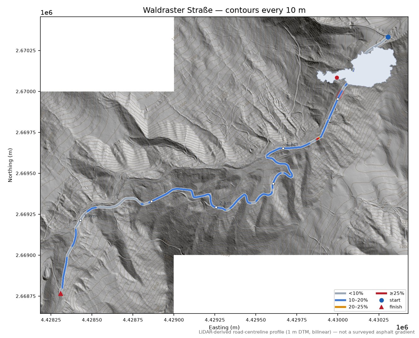 Waldraster Straße LiDAR hillshade map with contours