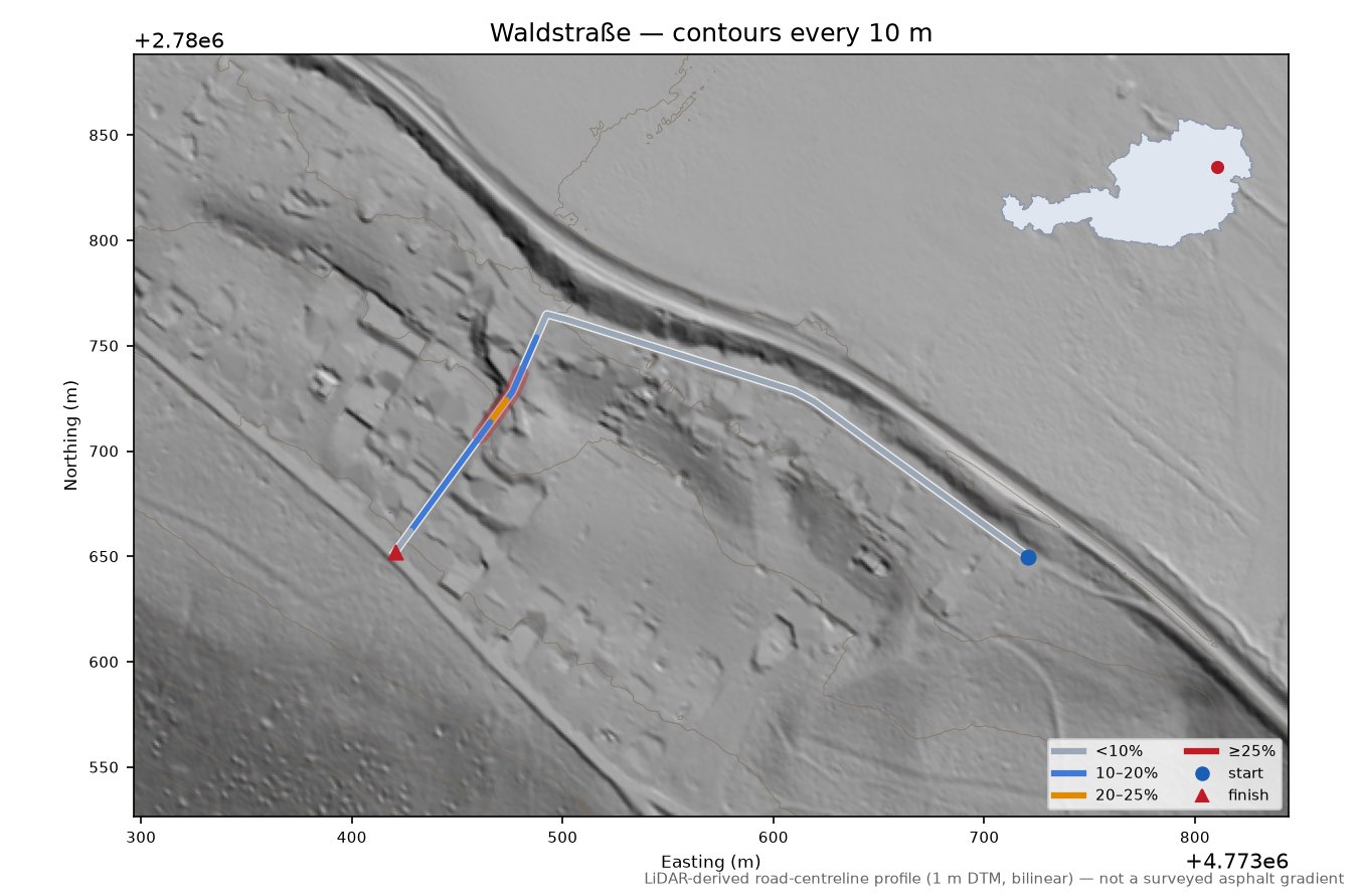 Waldstraße LiDAR hillshade map with contours