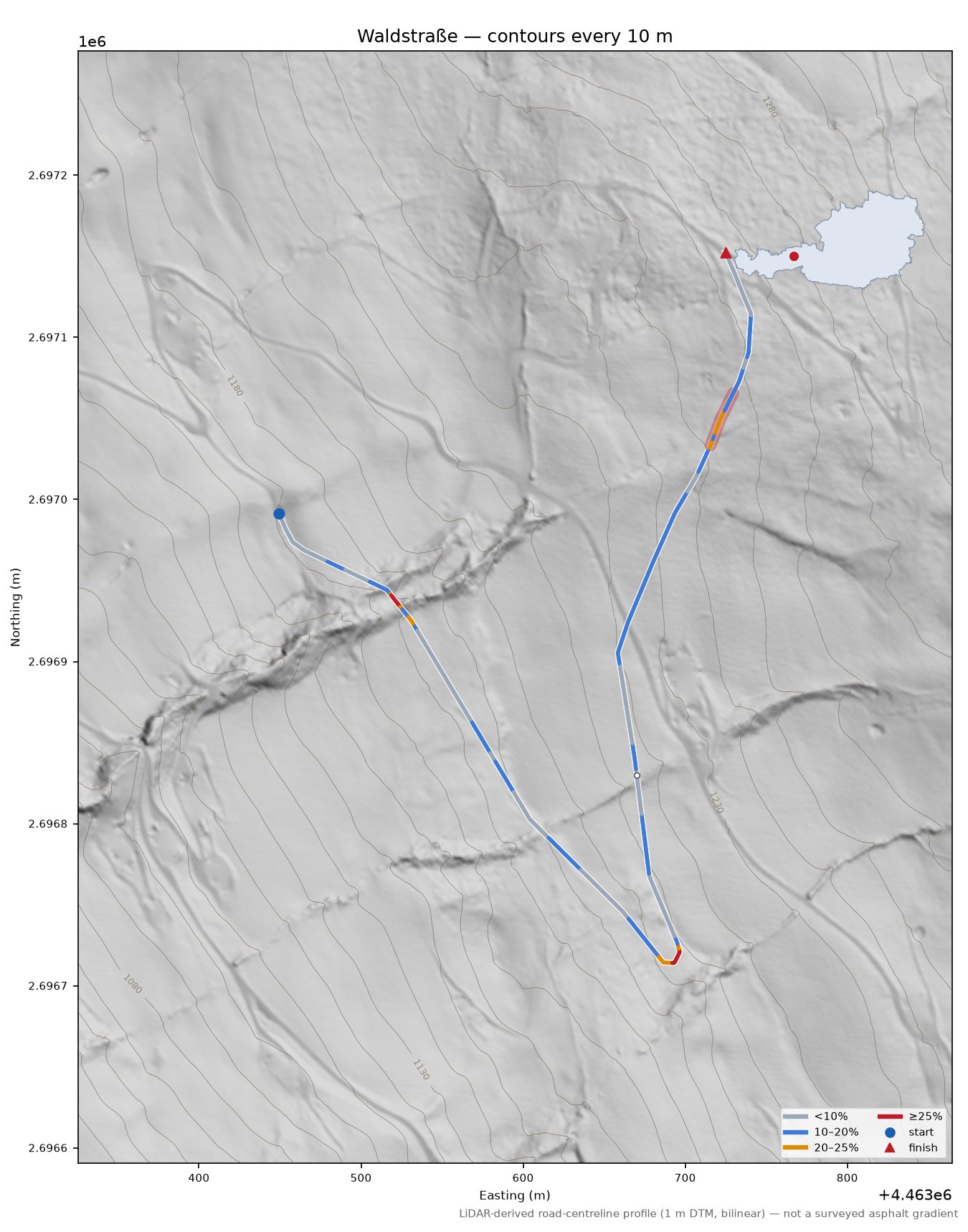 Waldstraße LiDAR hillshade map with contours
