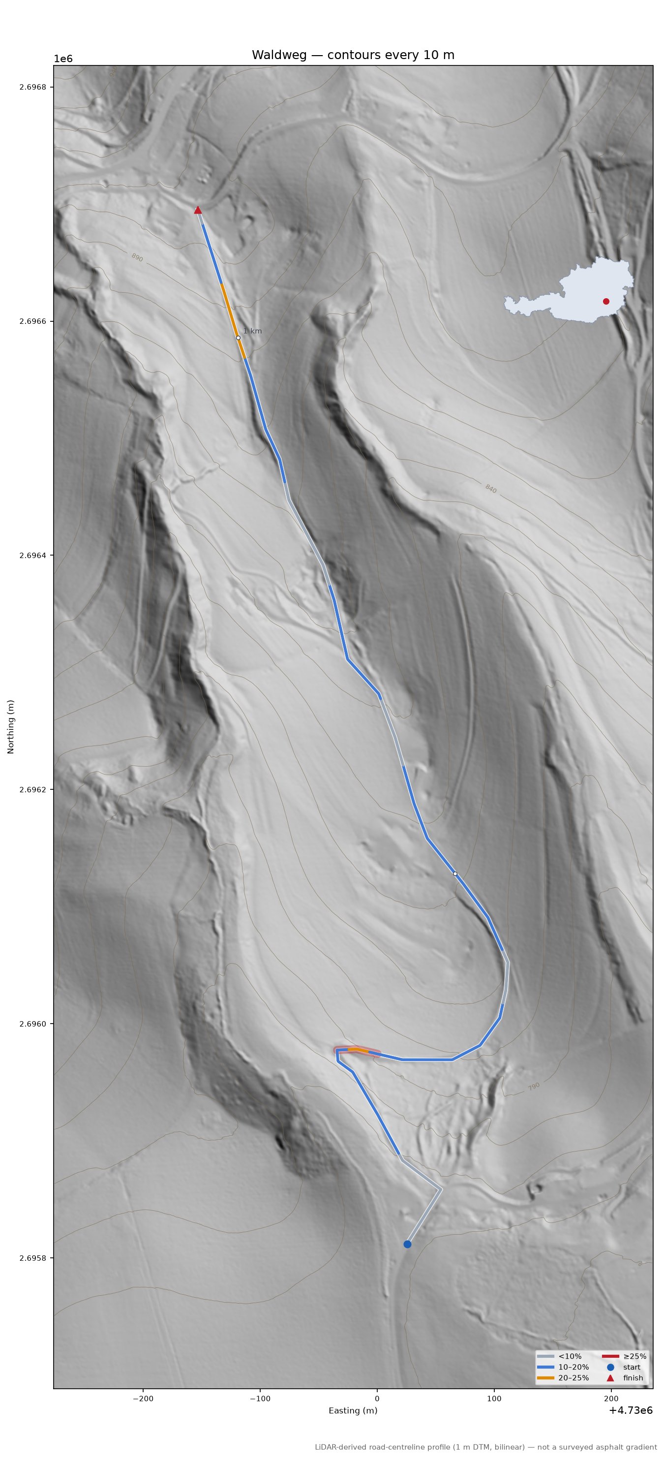 Waldweg LiDAR hillshade map with contours