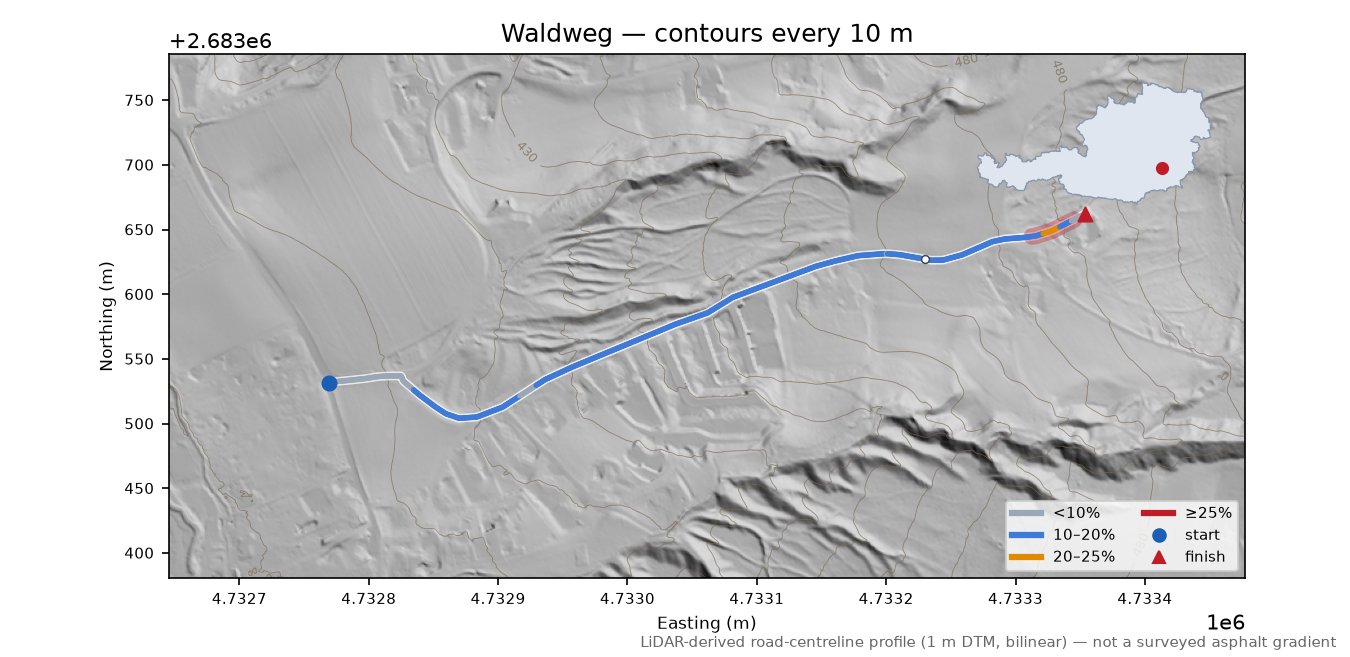 Waldweg LiDAR hillshade map with contours